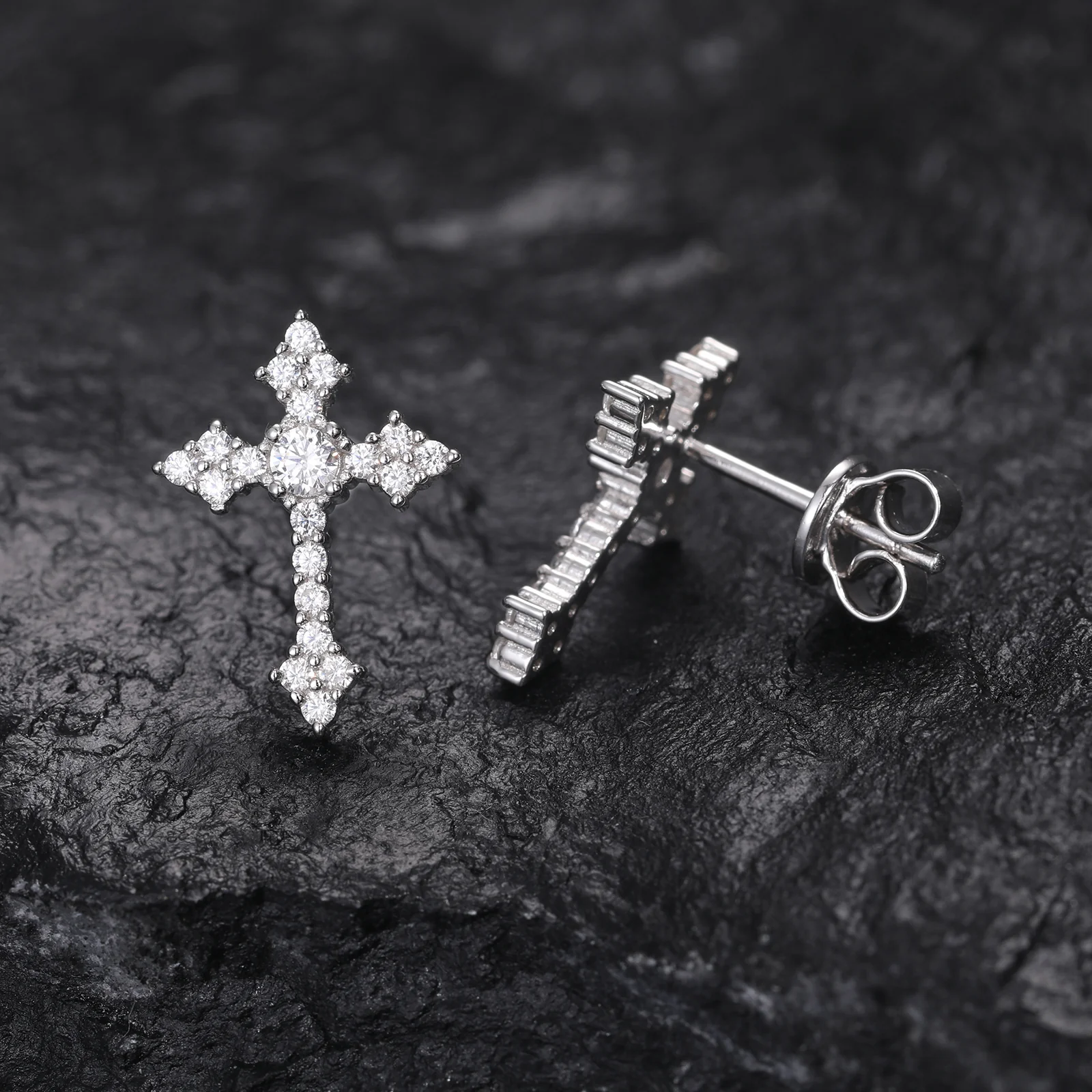MOISSANITE DIAMOND TAPERED CROSS STUD EARRINGS IN STERLING SILVER - Image 2