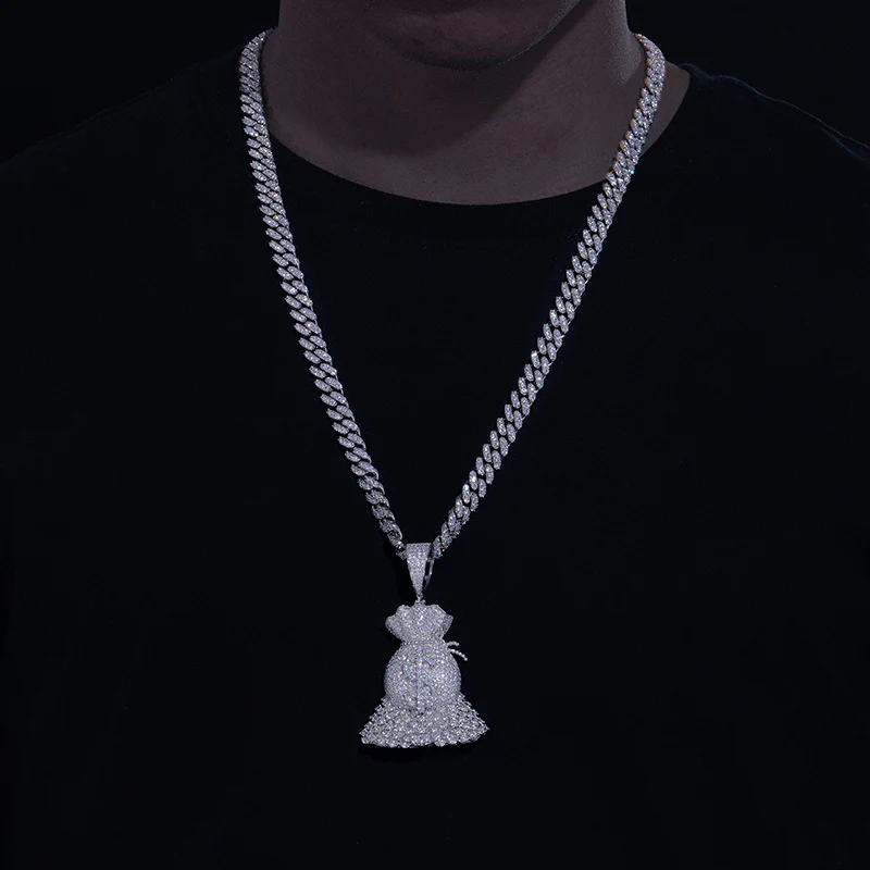 MOISSANITE DIAMOND MONEY BAG PENDANT IN STERLING SILVER {STYLE 2} - Image 3