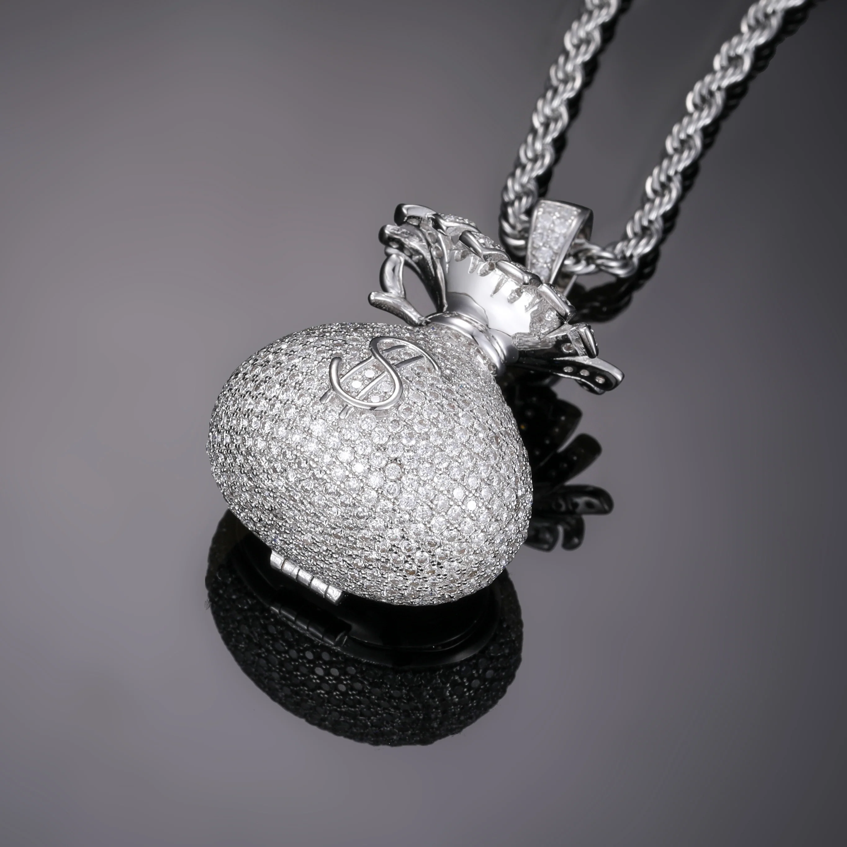 MOISSANITE DIAMOND MONEY BAG PENDANT IN STERLING SILVER {STYLE 3} - Image 4