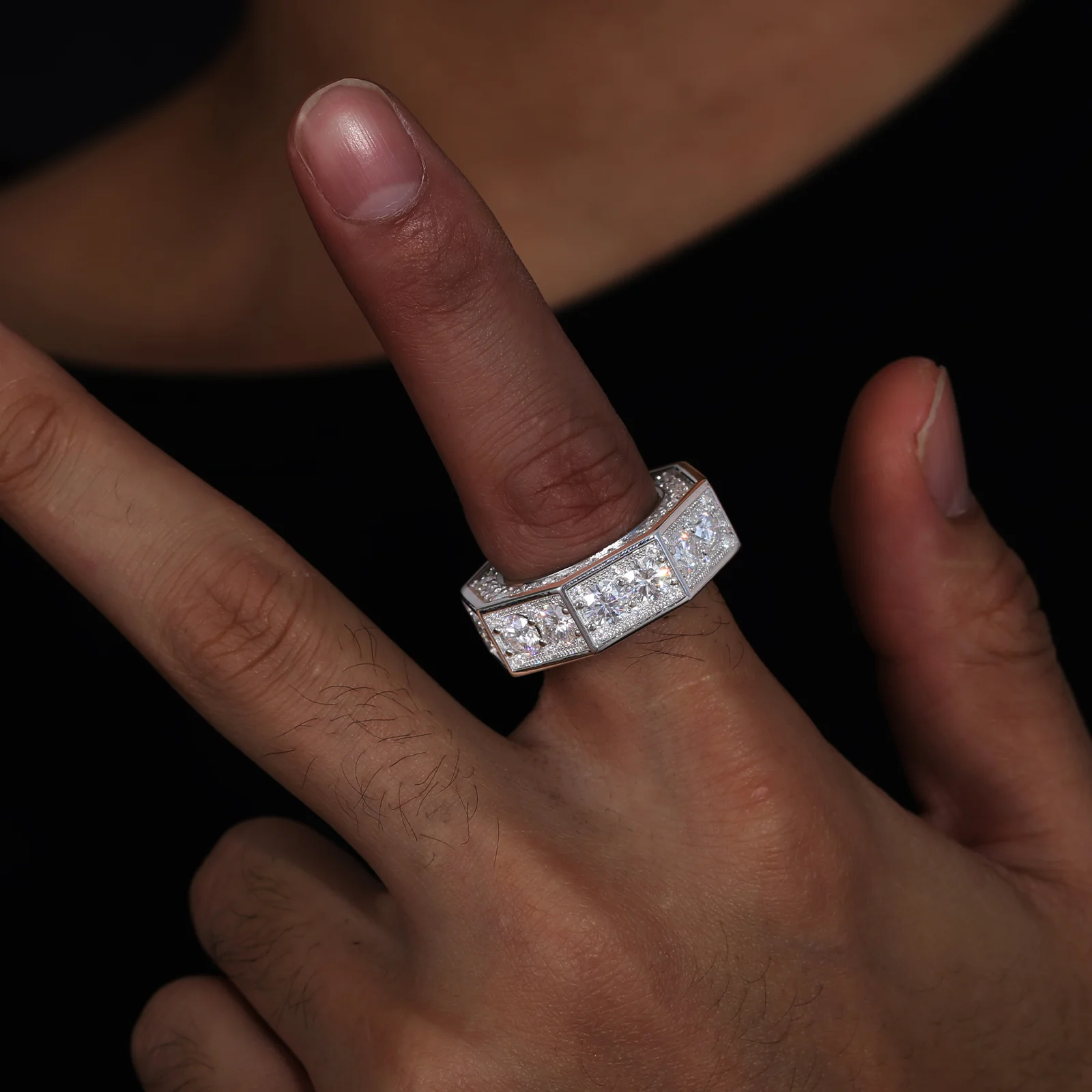 MOISSANITE DIAMOND OCTAGON BAND RING IN STERLING SILVER - Image 2