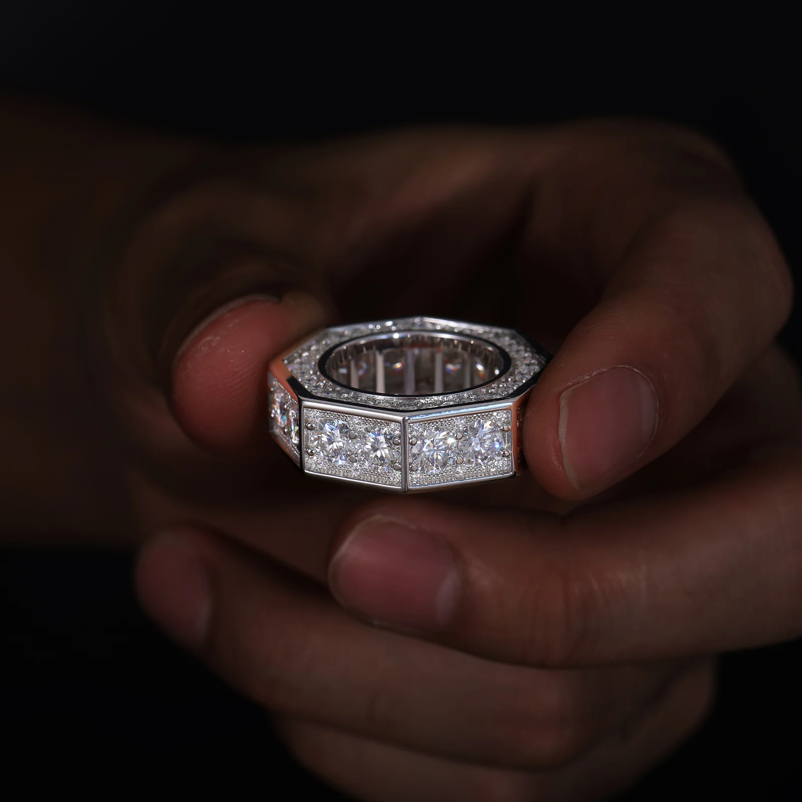 MOISSANITE DIAMOND OCTAGON BAND RING IN STERLING SILVER - Image 3