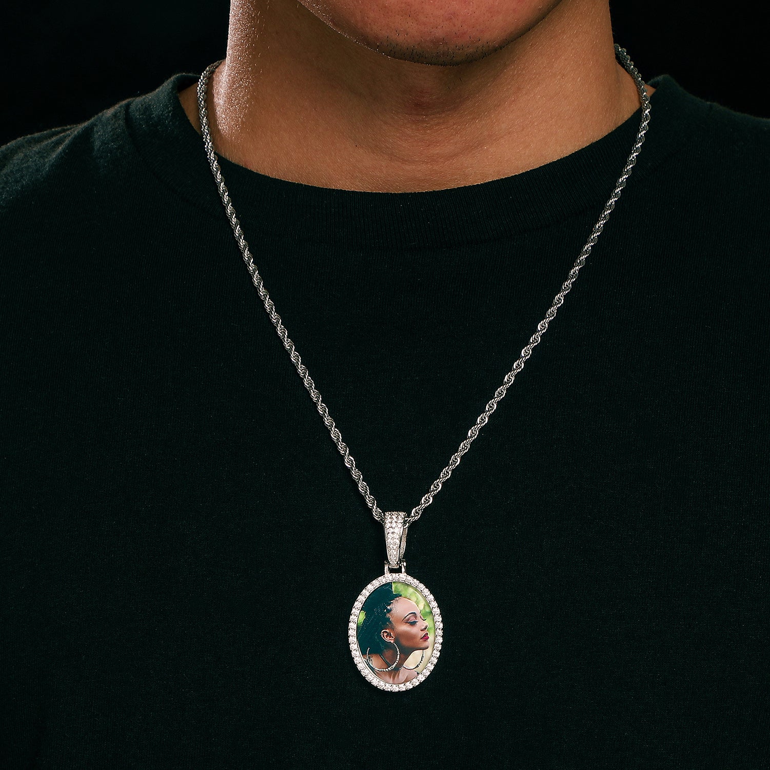 MOISSANITE DIAMOND OVAL CUSTOM PHOTO PENDANT IN STERLING SILVER - Image 3