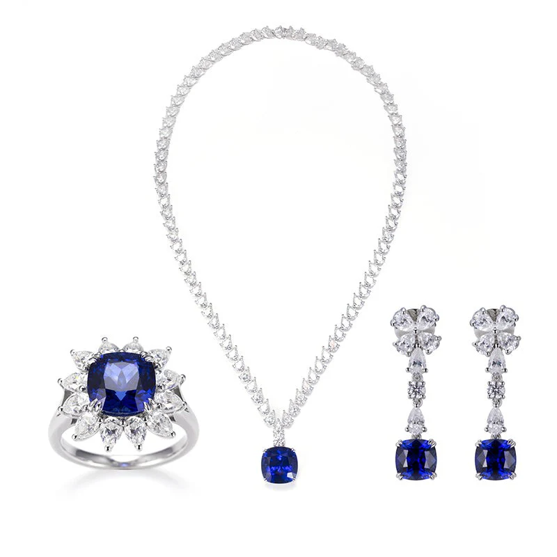 PEAR CUT MOISSANITE AND LAB GROWN SAPPHIRE NECKLACE RING EARRINGS SET IN STERLING SILVER - Image 2
