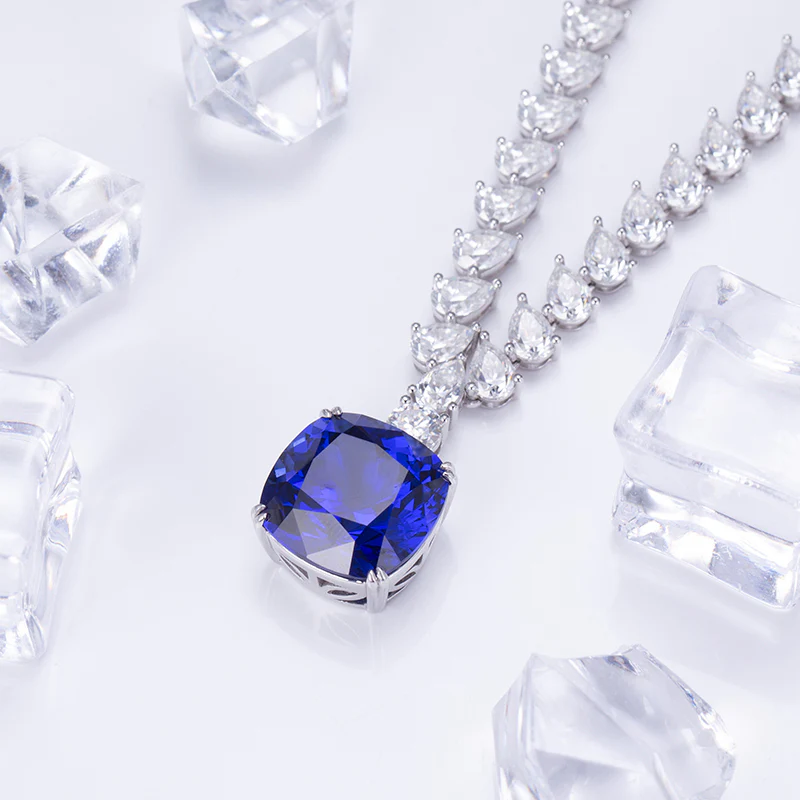 PEAR CUT MOISSANITE AND LAB GROWN SAPPHIRE NECKLACE RING EARRINGS SET IN STERLING SILVER - Image 4