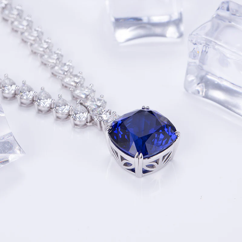 PEAR CUT MOISSANITE AND LAB GROWN SAPPHIRE NECKLACE RING EARRINGS SET IN STERLING SILVER - Image 5