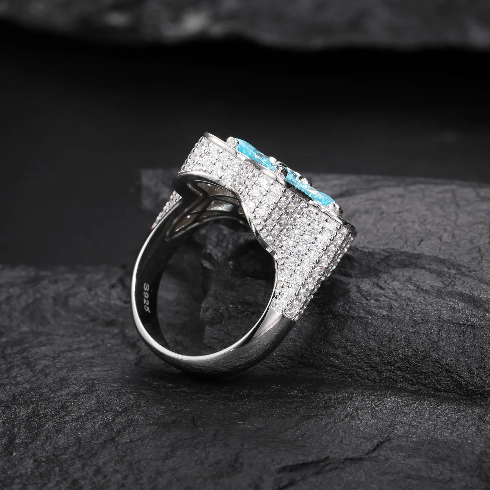 MOISSANITE DIAMOND PEAR CUT BLUE FLOWER RING IN STERLING SILVER - Image 3