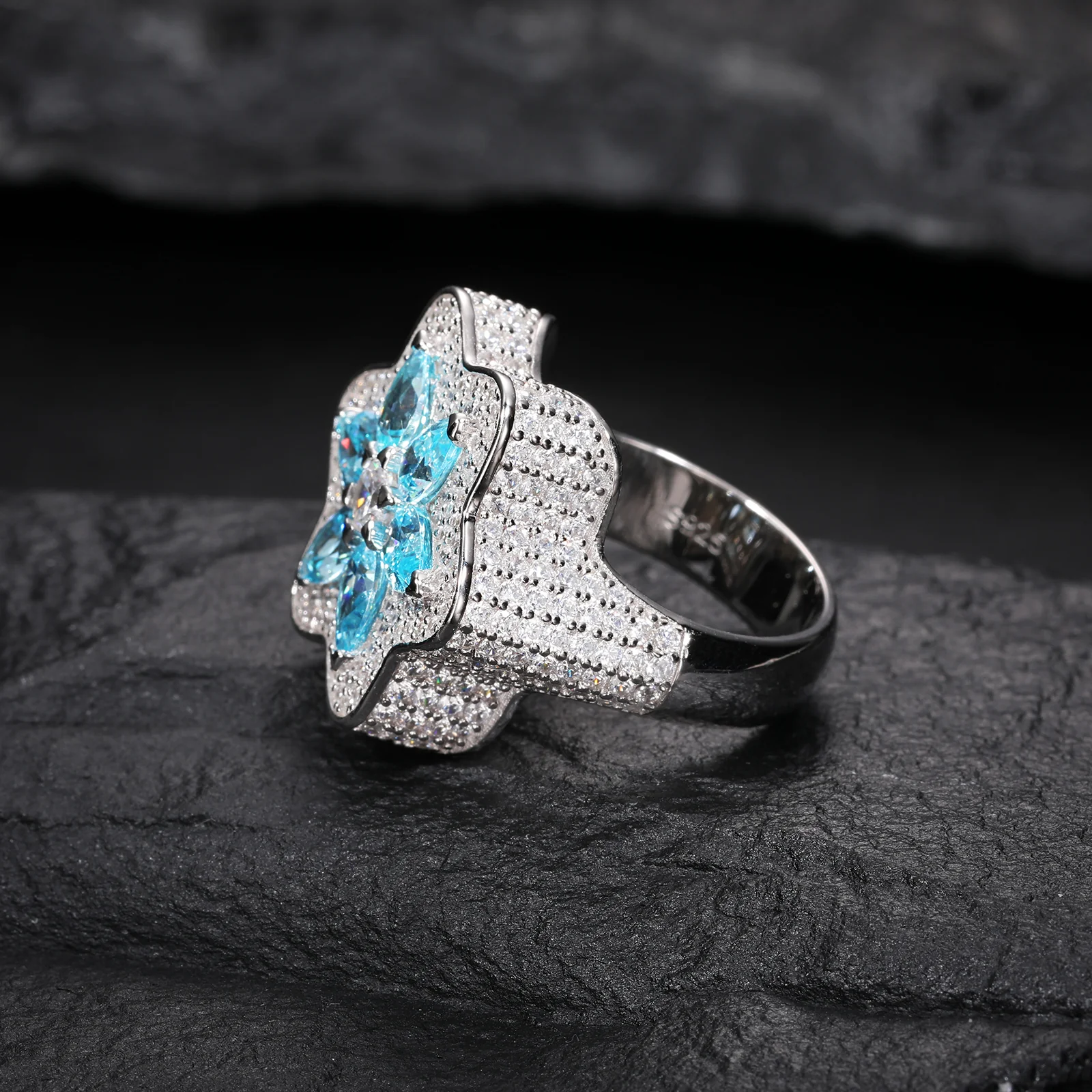 MOISSANITE DIAMOND PEAR CUT BLUE FLOWER RING IN STERLING SILVER - Image 4