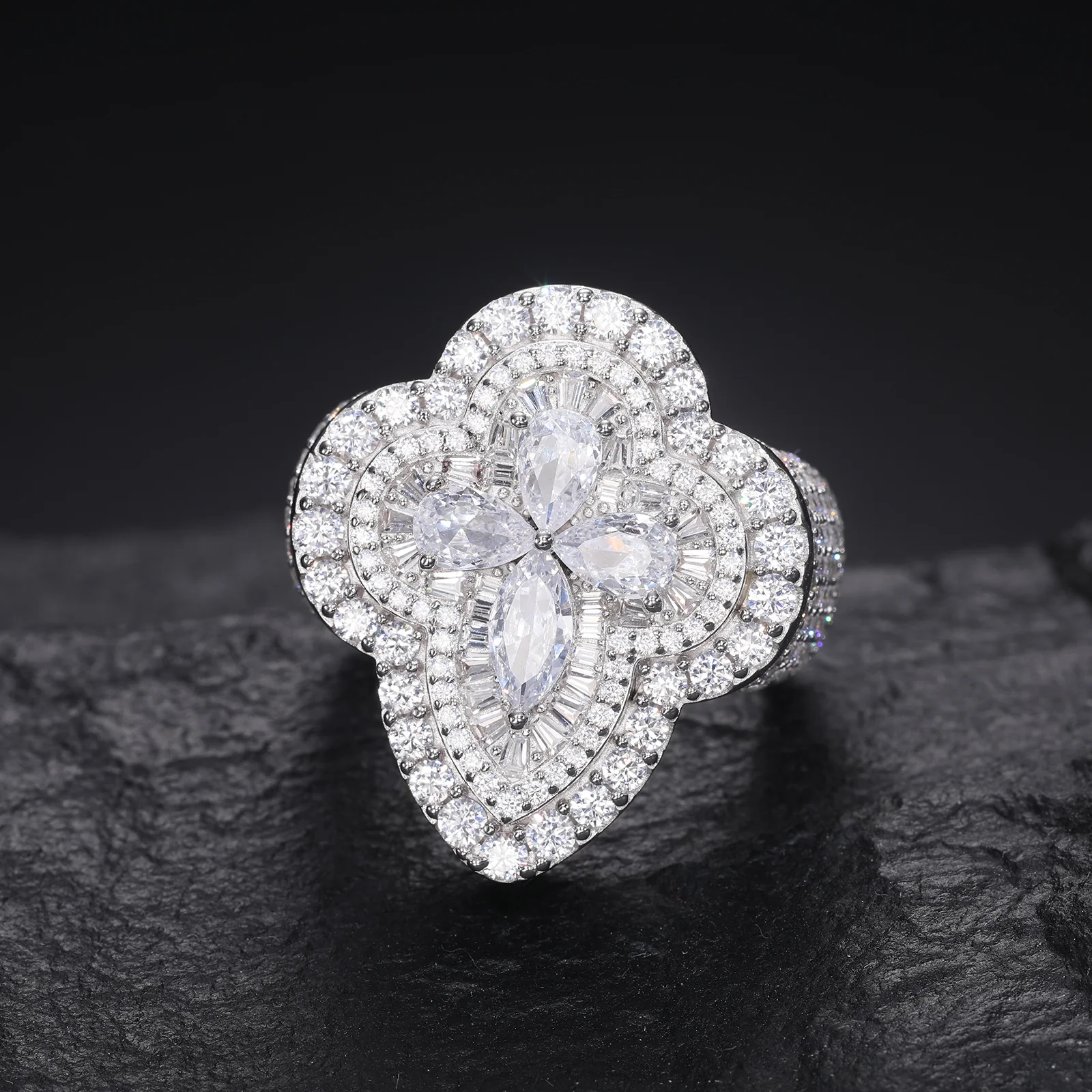 MOISSANITE DIAMOND PEAR CUT CLOVER RING IN STERLING SILVER - Image 3