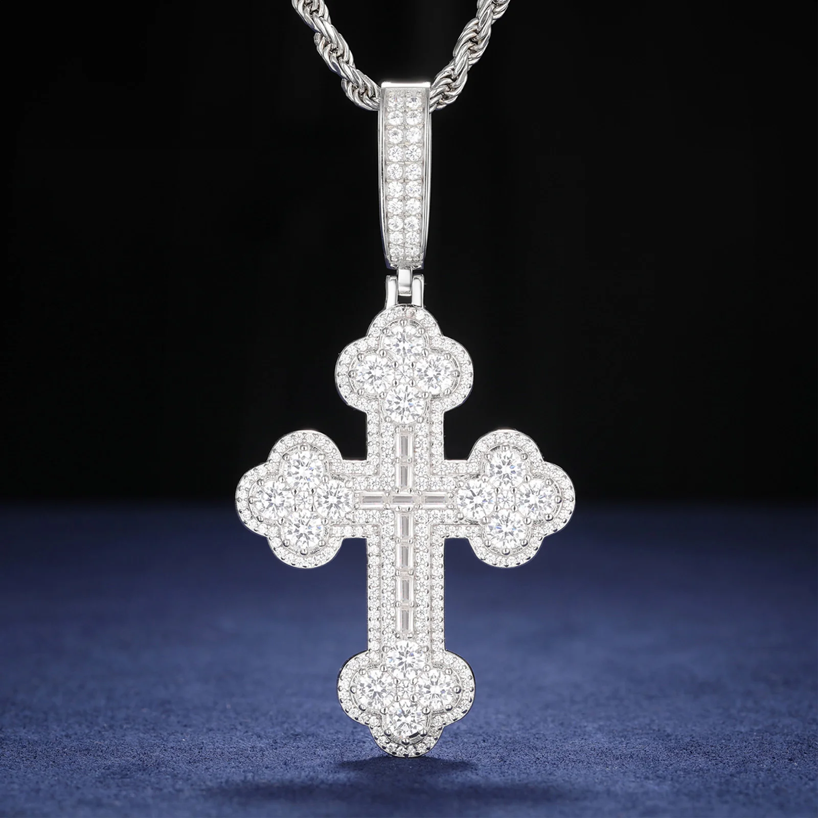 MOISSANITE DIAMOND QUARTET CLOVER CROSS PENDANT IN STERLING SILVER - Image 4