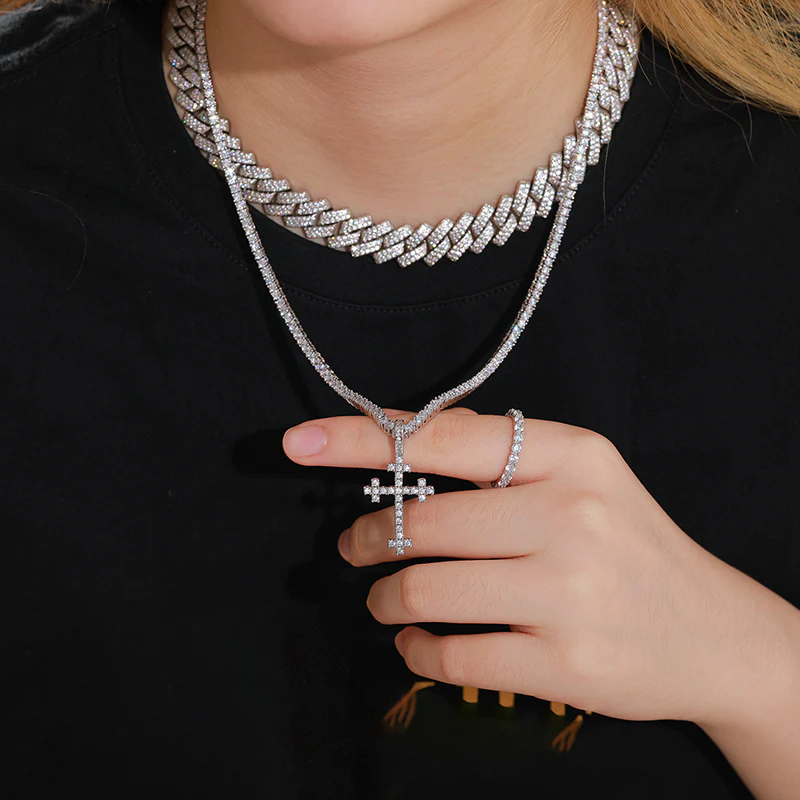 MOISSANITE DIAMOND QUARTET CROSS PENDANT NECKLACE IN STERLING SILVER - Image 2