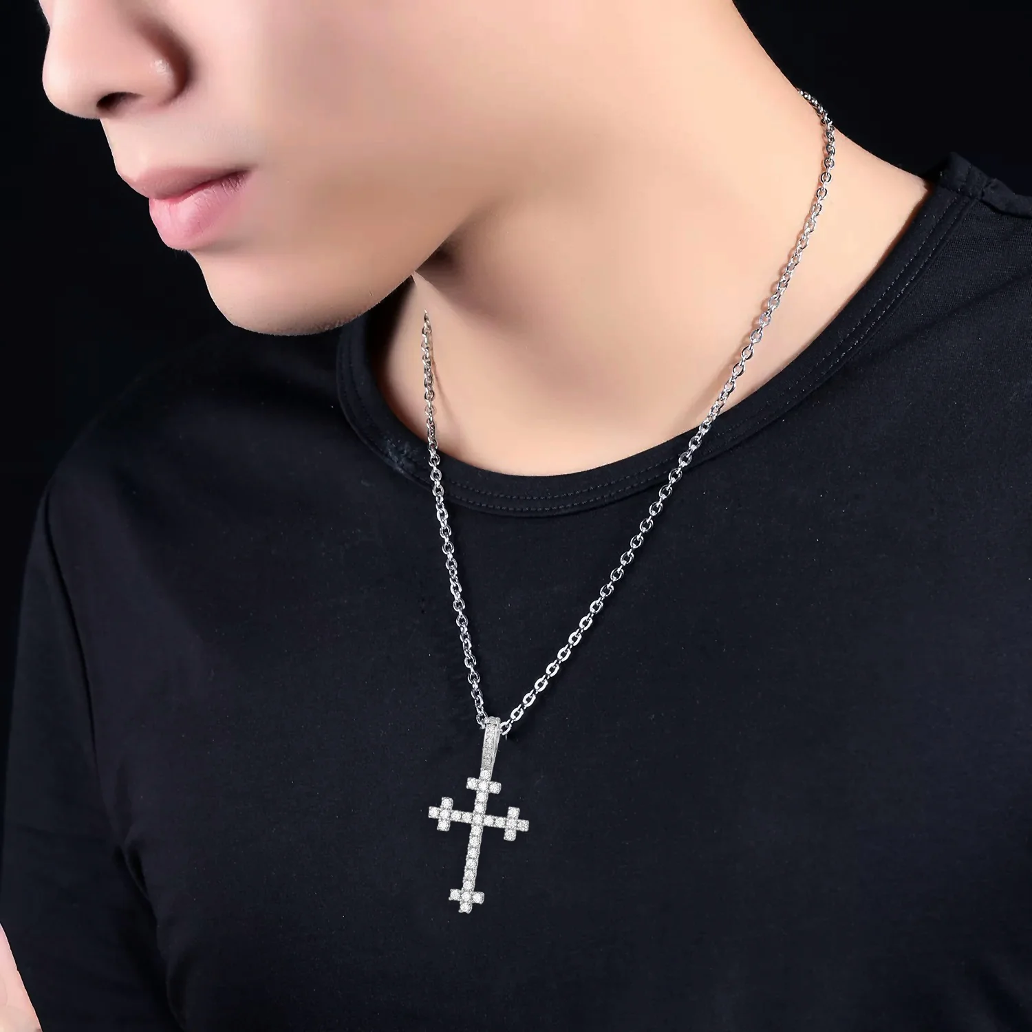 MOISSANITE DIAMOND QUARTET CROSS PENDANT NECKLACE IN STERLING SILVER - Image 3