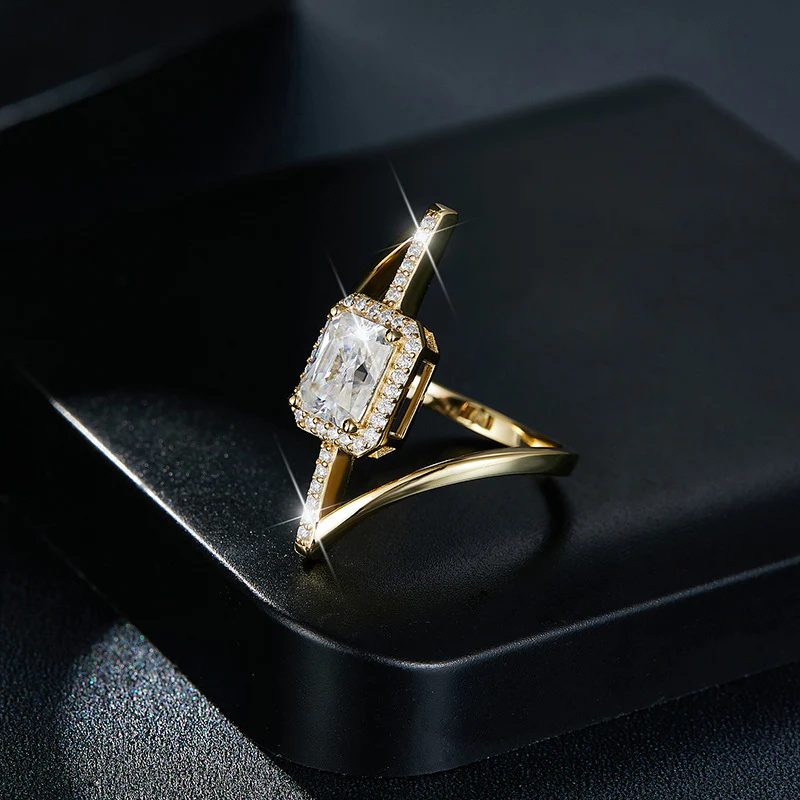 MOISSANITE DIAMOND RADIANT CUT HALO CROSSOVER ENGAGEMENT RING IN STERLING SILVER - Image 3
