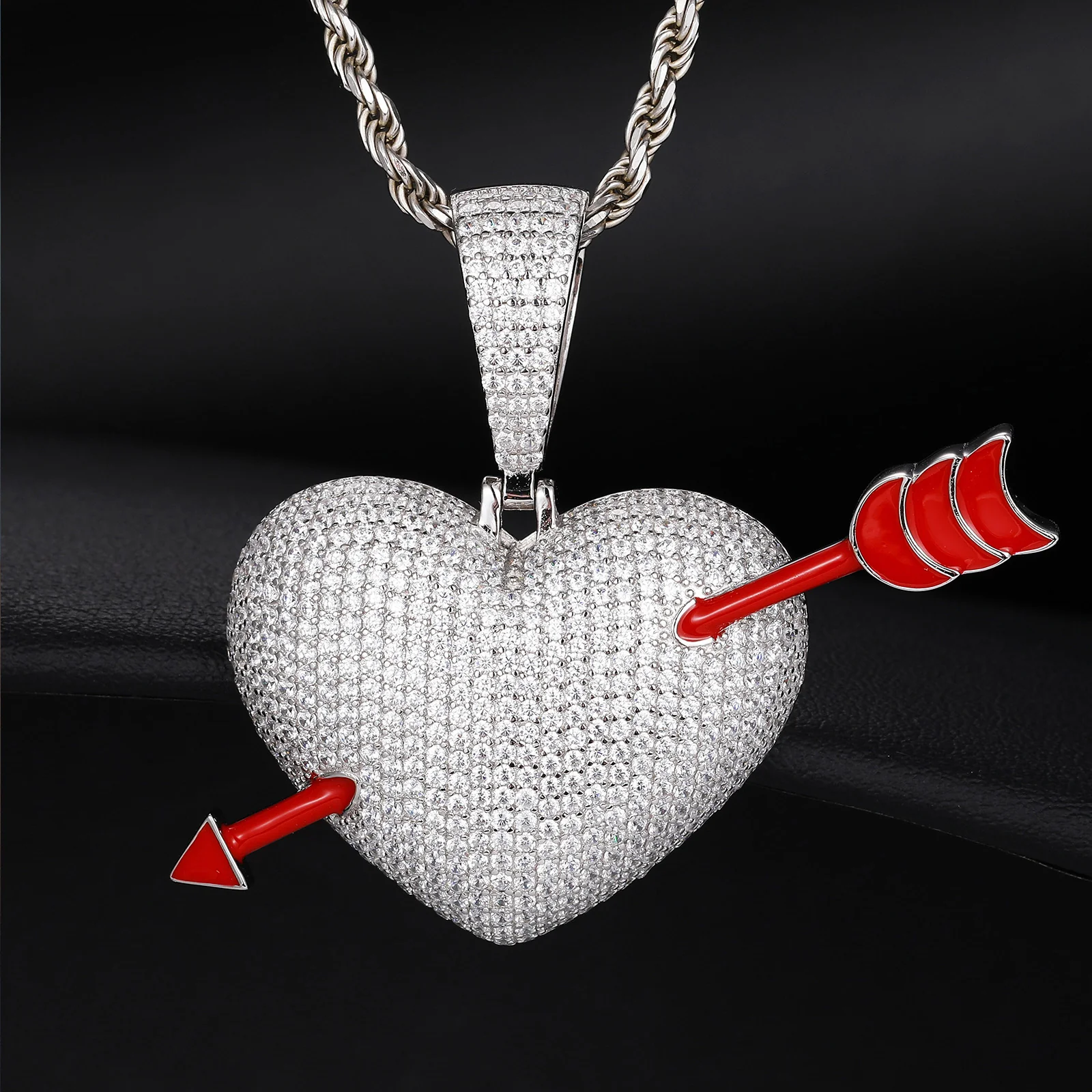 MOISSANITE DIAMOND RED ARROW HEART PENDANT NECKLACE IN STERLING SILVER - Image 2