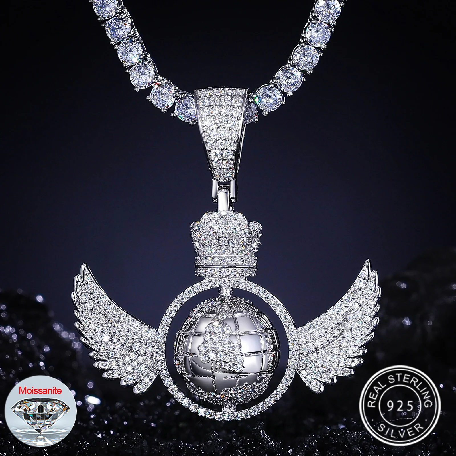 MOISSANITE DIAMOND ROTATING GLOBE WING PENDANT IN STERLING SILVER - Image 2