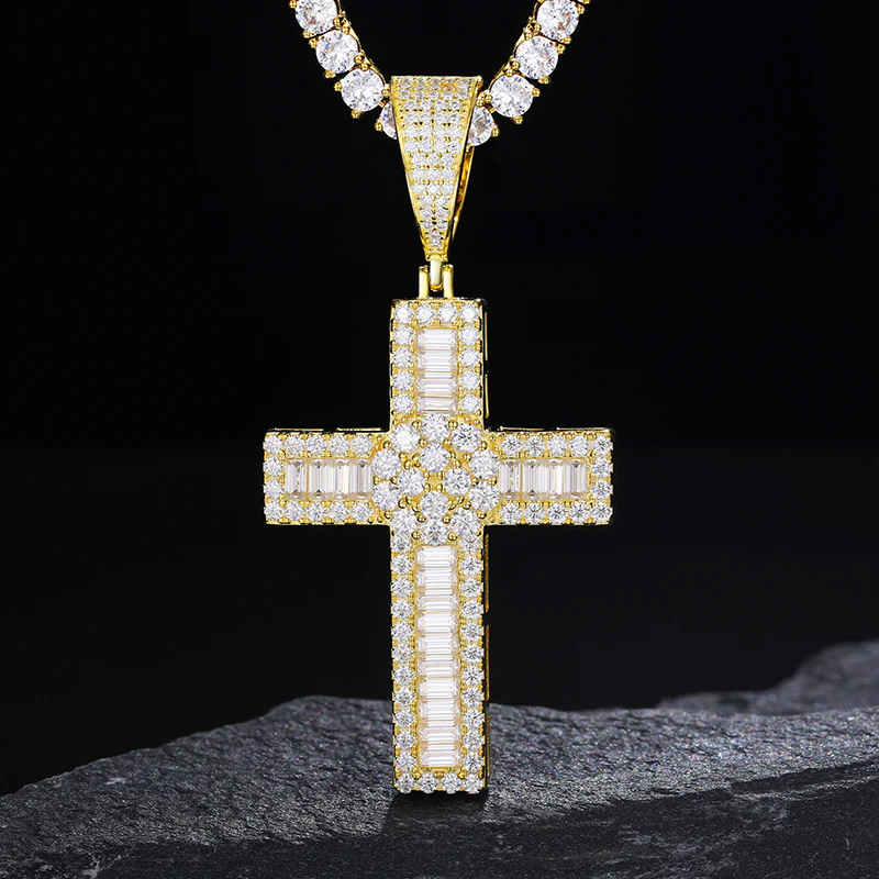 MOISSANITE DIAMOND ROUND-BAGUETTE CROSS PENDANT IN STERLING SILVER - Image 3