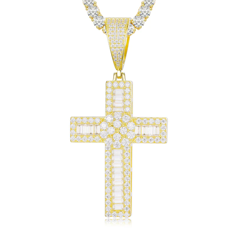 MOISSANITE DIAMOND ROUND-BAGUETTE CROSS PENDANT IN STERLING SILVER - Image 5