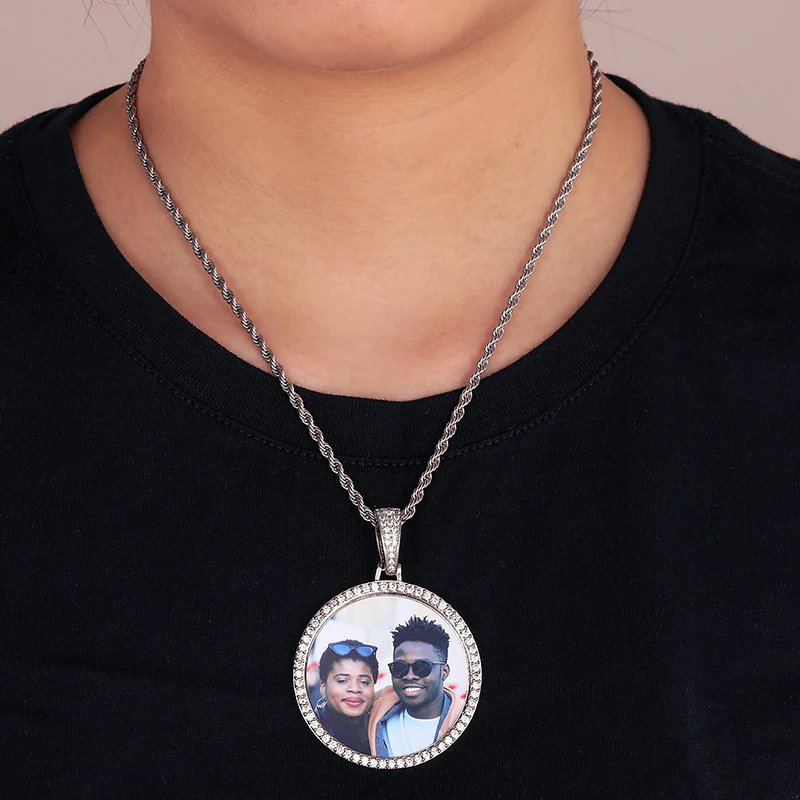 MOISSANITE DIAMOND ROUND CUSTOM PHOTO PENDANT IN STERLING SILVER {STYLE 2} - Image 3