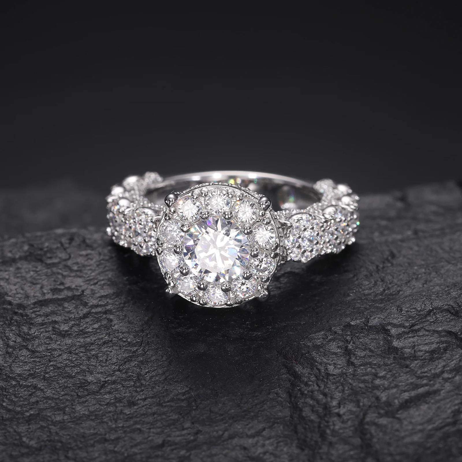 MOISSANITE DIAMOND ROUND HALO ENGAGEMENT RING IN STERLING SILVER - Image 3