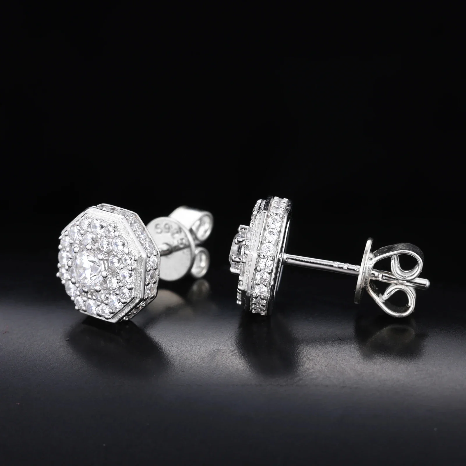 MOISSANITE DIAMOND ROYAL HALO OCTAGON STUDS IN STERLING SILVER - Image 4