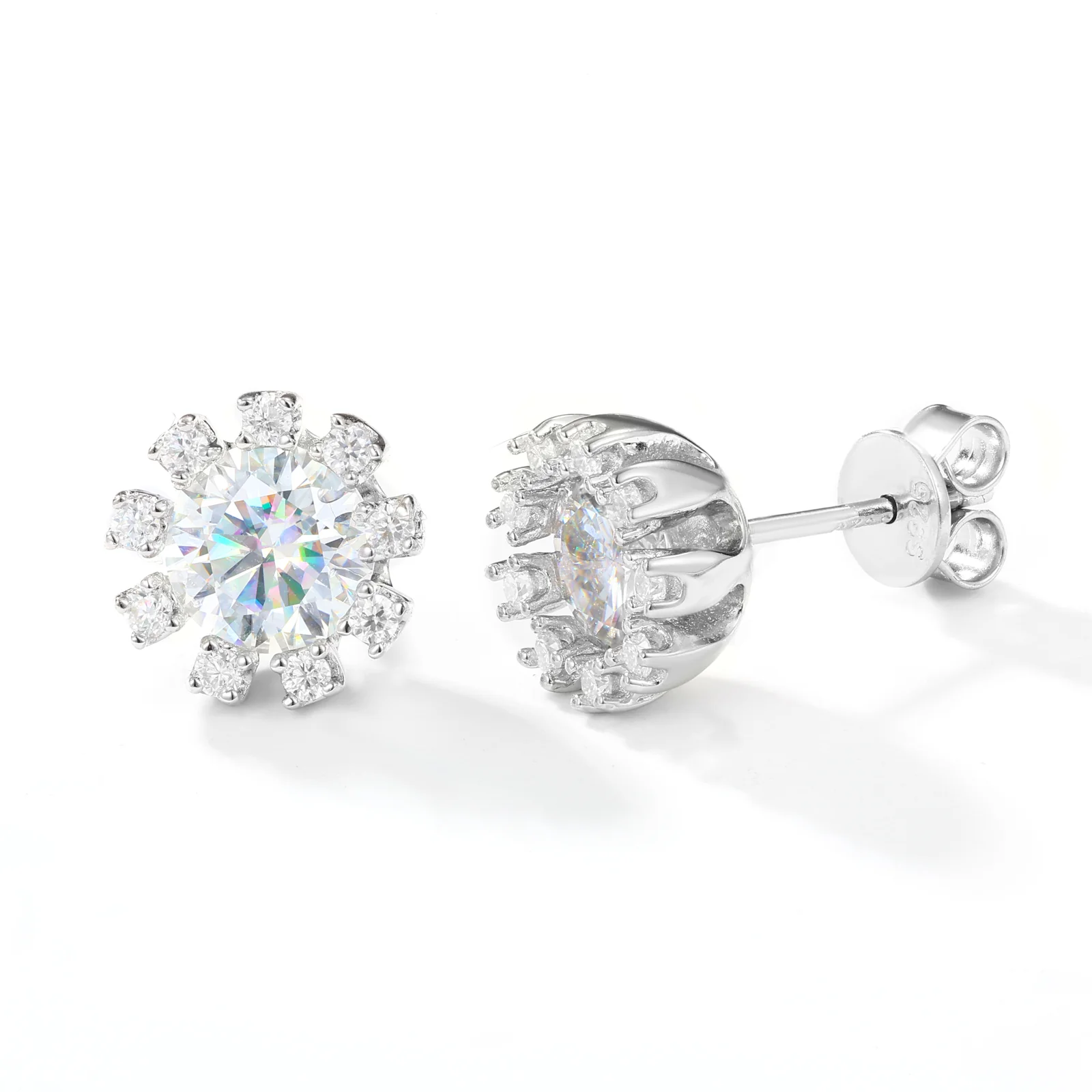 MOISSANITE DIAMOND SNOWFLAKE HALO STUD EARRINGS IN STERLING SILVER - Image 2
