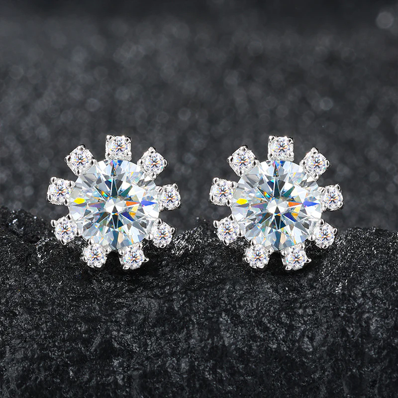MOISSANITE DIAMOND SNOWFLAKE HALO STUD EARRINGS IN STERLING SILVER - Image 3