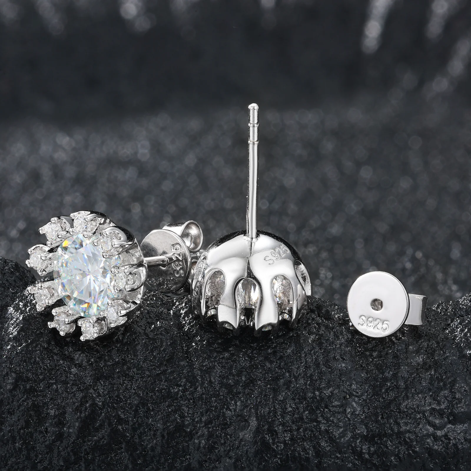 MOISSANITE DIAMOND SNOWFLAKE HALO STUD EARRINGS IN STERLING SILVER - Image 6
