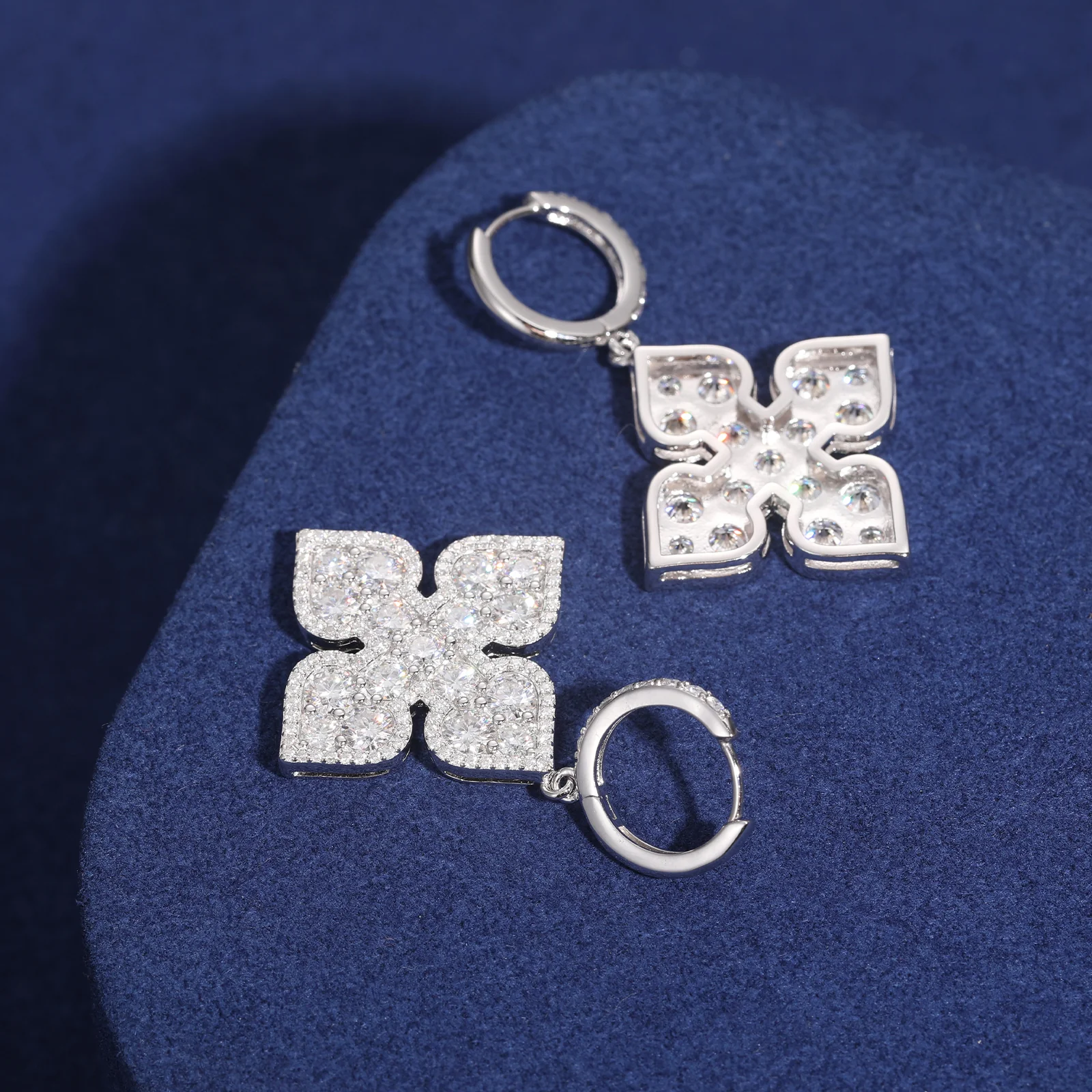 MOISSANITE DIAMOND SPADES FLOWER CHARM DROP EARRINGS IN STERLING SILVER - Image 2