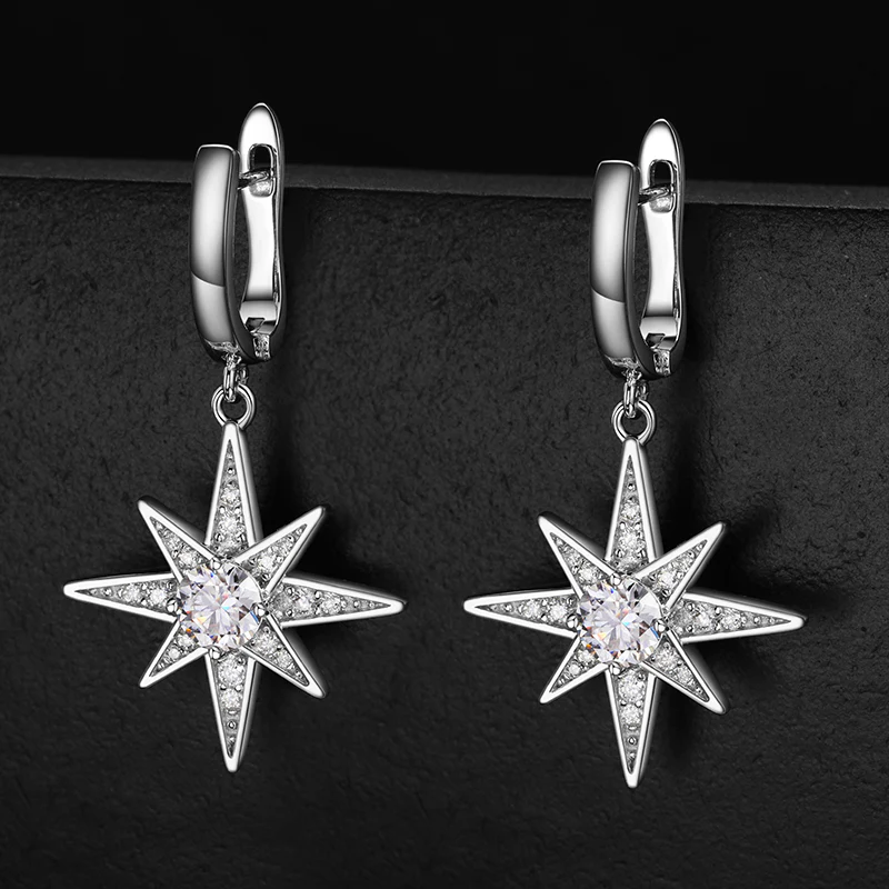 MOISSANITE DIAMOND STAR DANGLE DROP EARRINGS IN STERLING SILVER