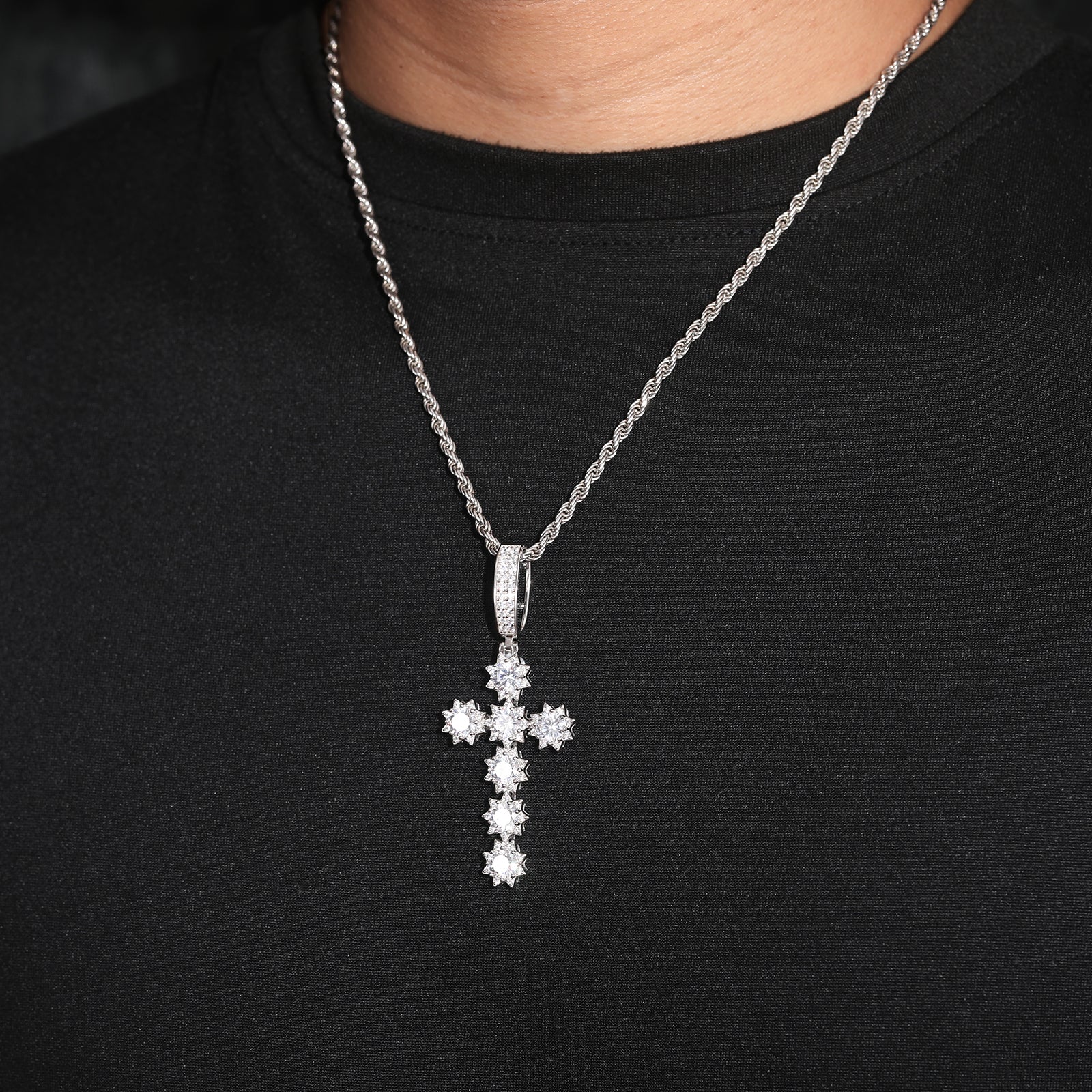 MOISSANITE DIAMOND SUNSHINE CROSS PENDANT IN STERLING SILVER - Image 2