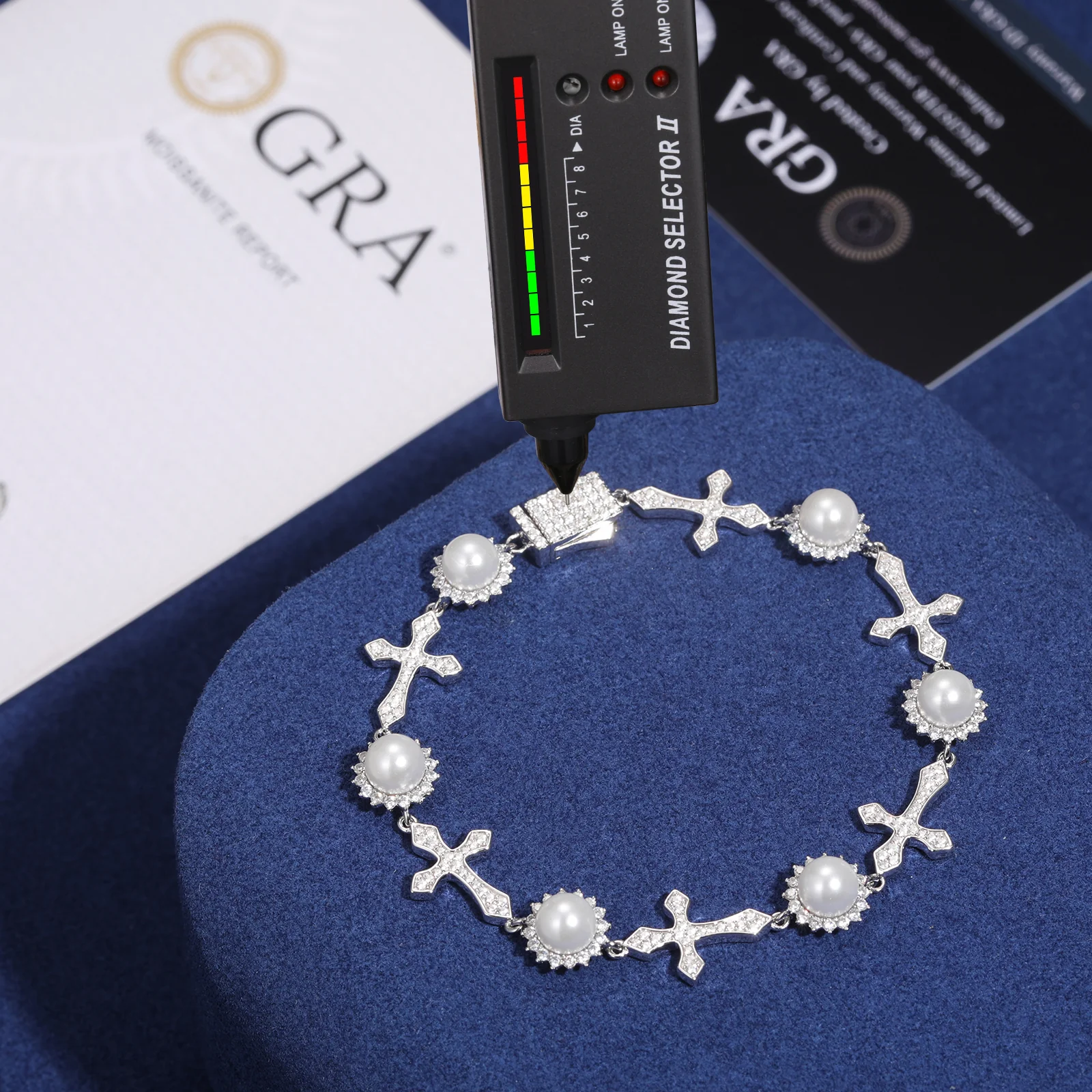 MOISSANITE DIAMOND SURROUND SET PEARL FLOWER CROSS LINK BRACELET IN STERLING SILVER - Image 5