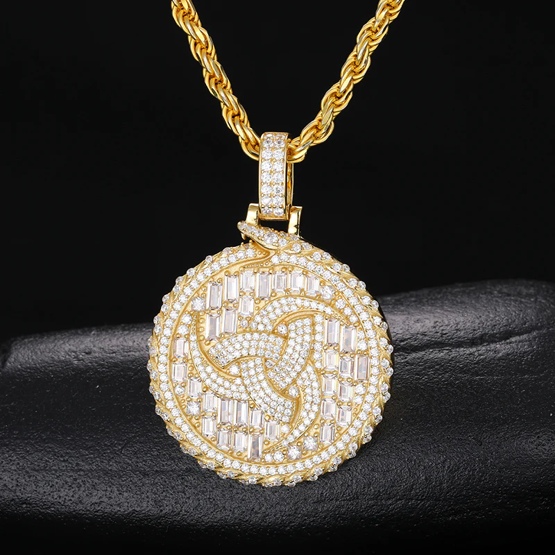 MOISSANITE DIAMOND TOURBILLION BAGUETTE ROUND CHARM COIN PENDANT IN STERLING SILVER