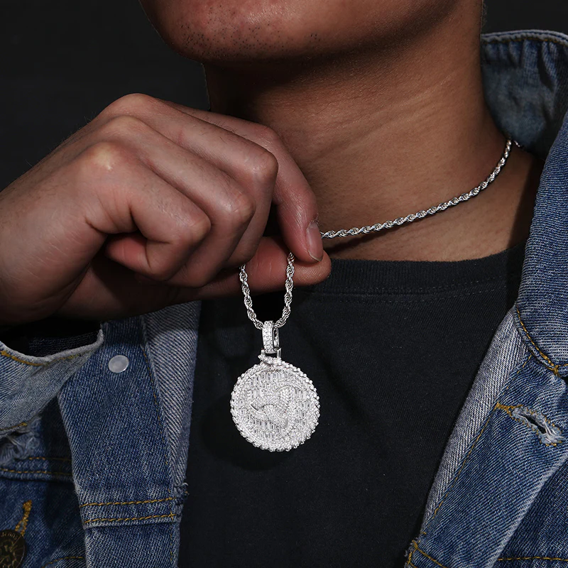 MOISSANITE DIAMOND TOURBILLION BAGUETTE ROUND CHARM COIN PENDANT IN STERLING SILVER - Image 3
