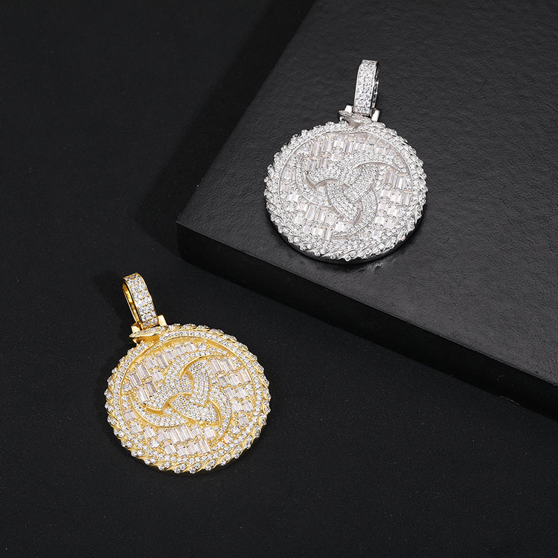 MOISSANITE DIAMOND TOURBILLION BAGUETTE ROUND CHARM COIN PENDANT IN STERLING SILVER - Image 4