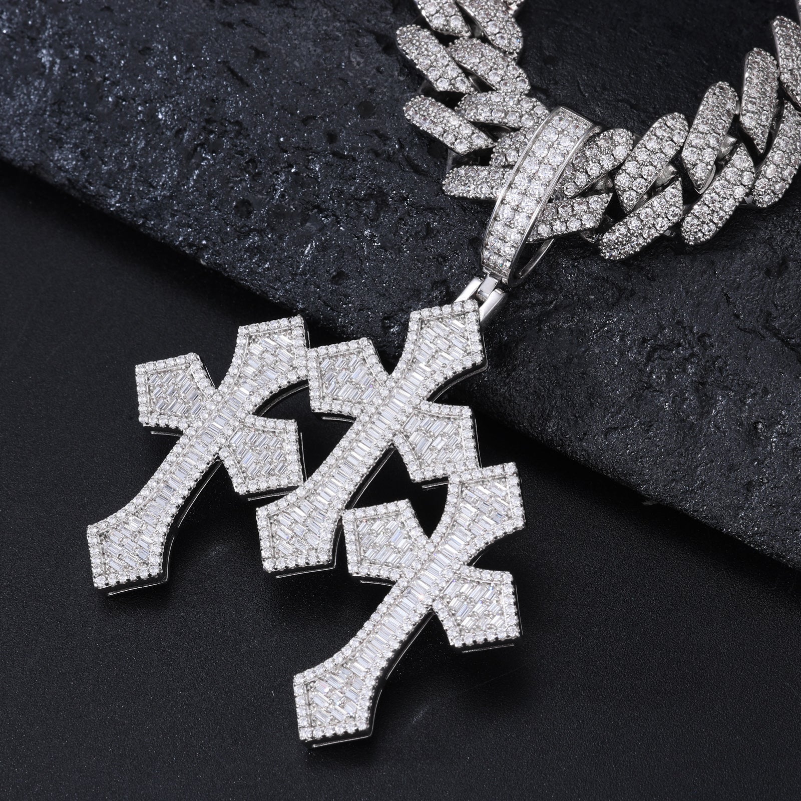MOISSANITE DIAMOND TRIPLE CROSS PENDANT IN STERLING SILVER - Image 3