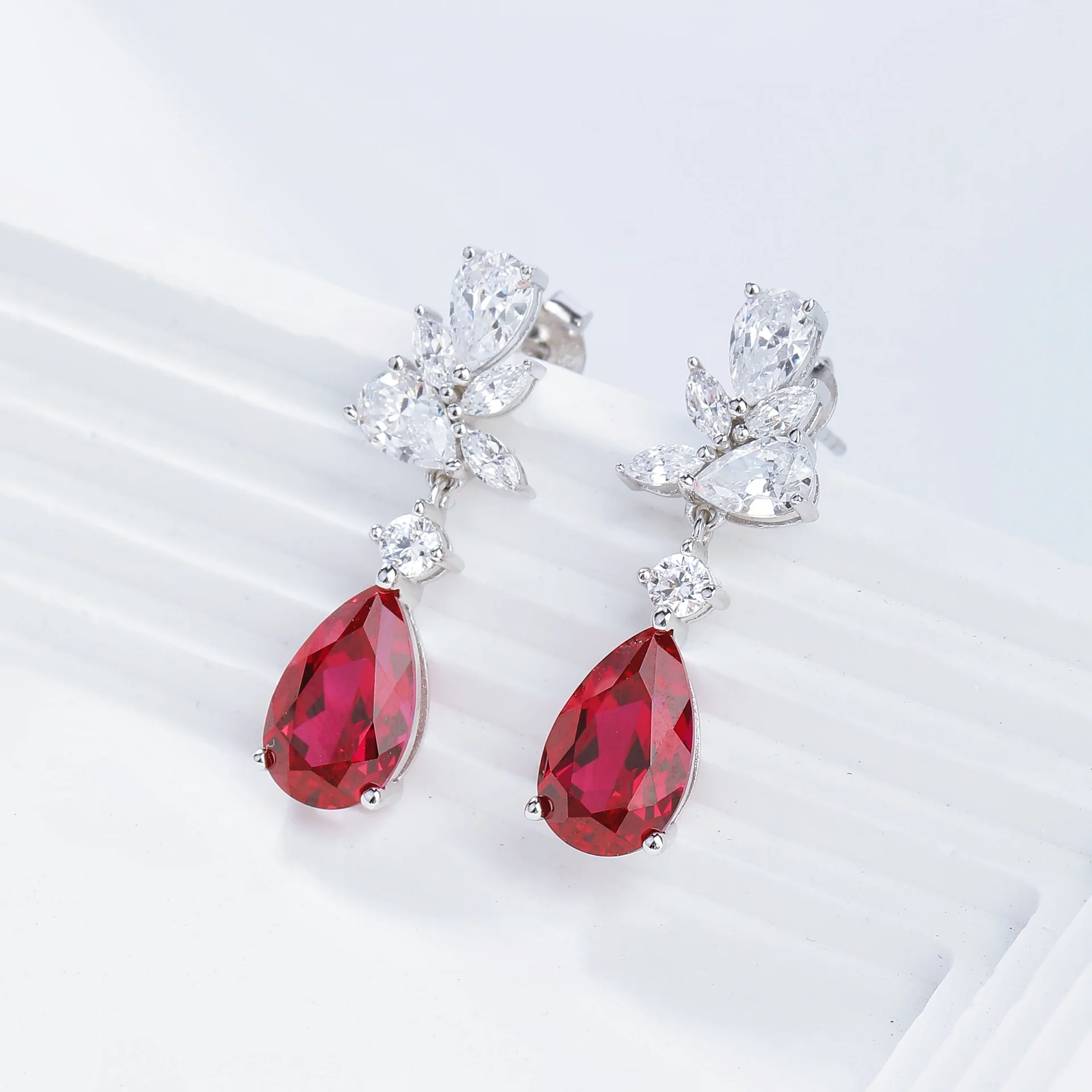MOISSANITE DIAMOND WATER DROP RUBY EARRINGS IN STERLING SILVER - Image 2
