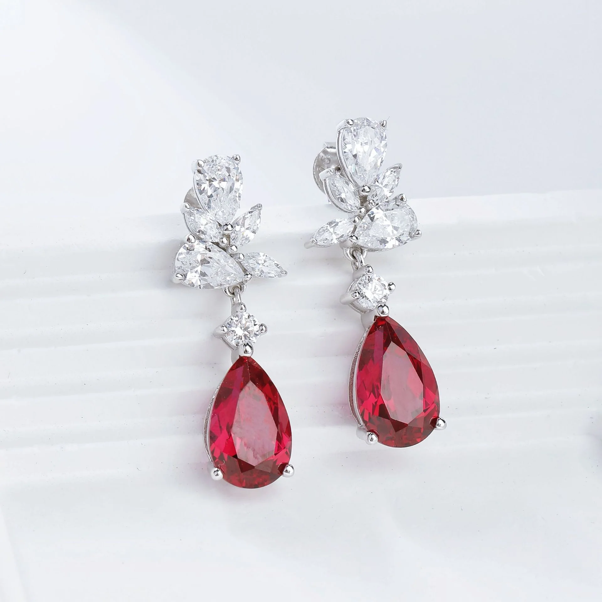 MOISSANITE DIAMOND WATER DROP RUBY EARRINGS IN STERLING SILVER - Image 3
