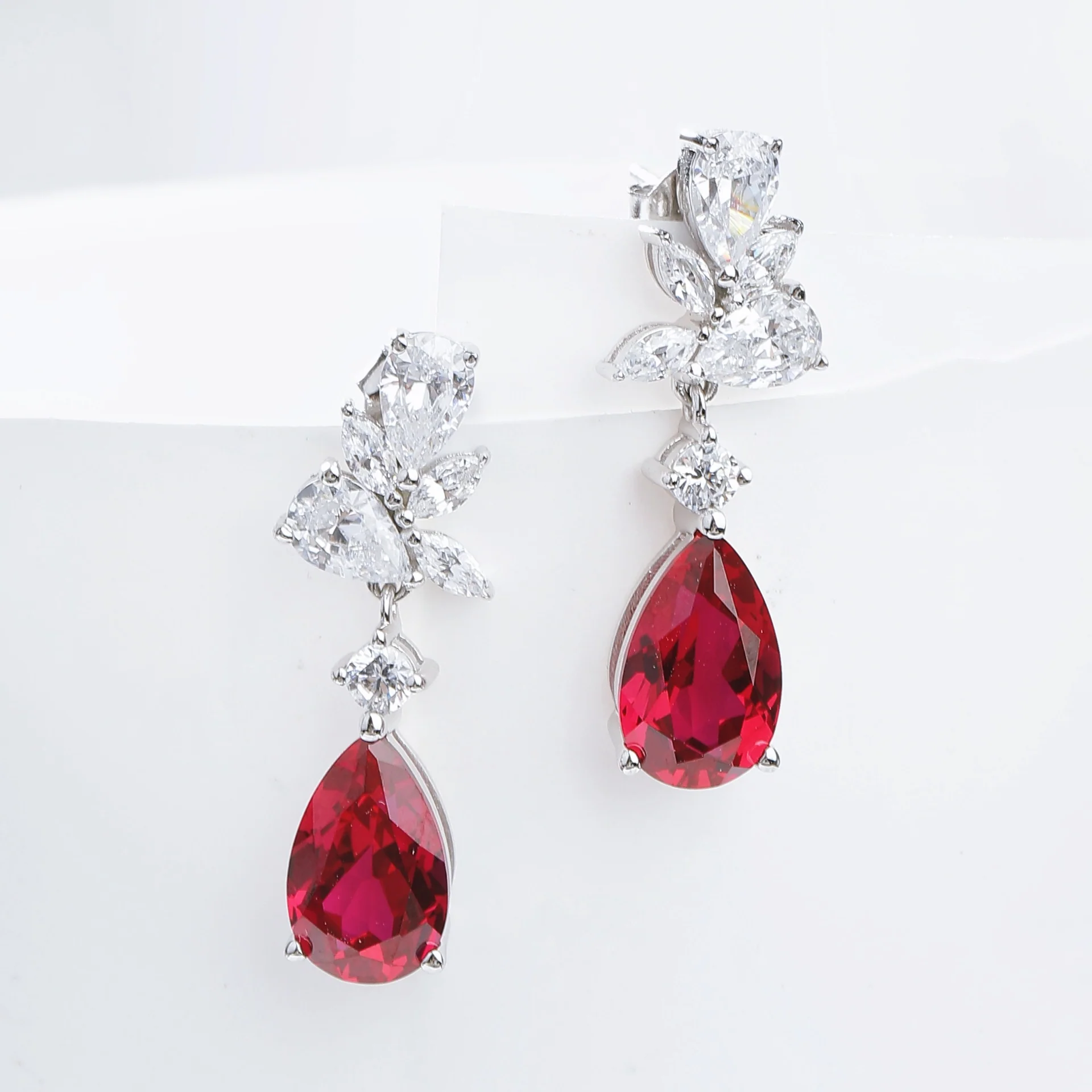MOISSANITE DIAMOND WATER DROP RUBY EARRINGS IN STERLING SILVER - Image 4