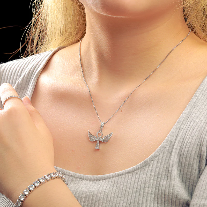 MOISSANITE DIAMOND WING SHAPE CROSS PENDANT IN STERLING SILVER - Image 2