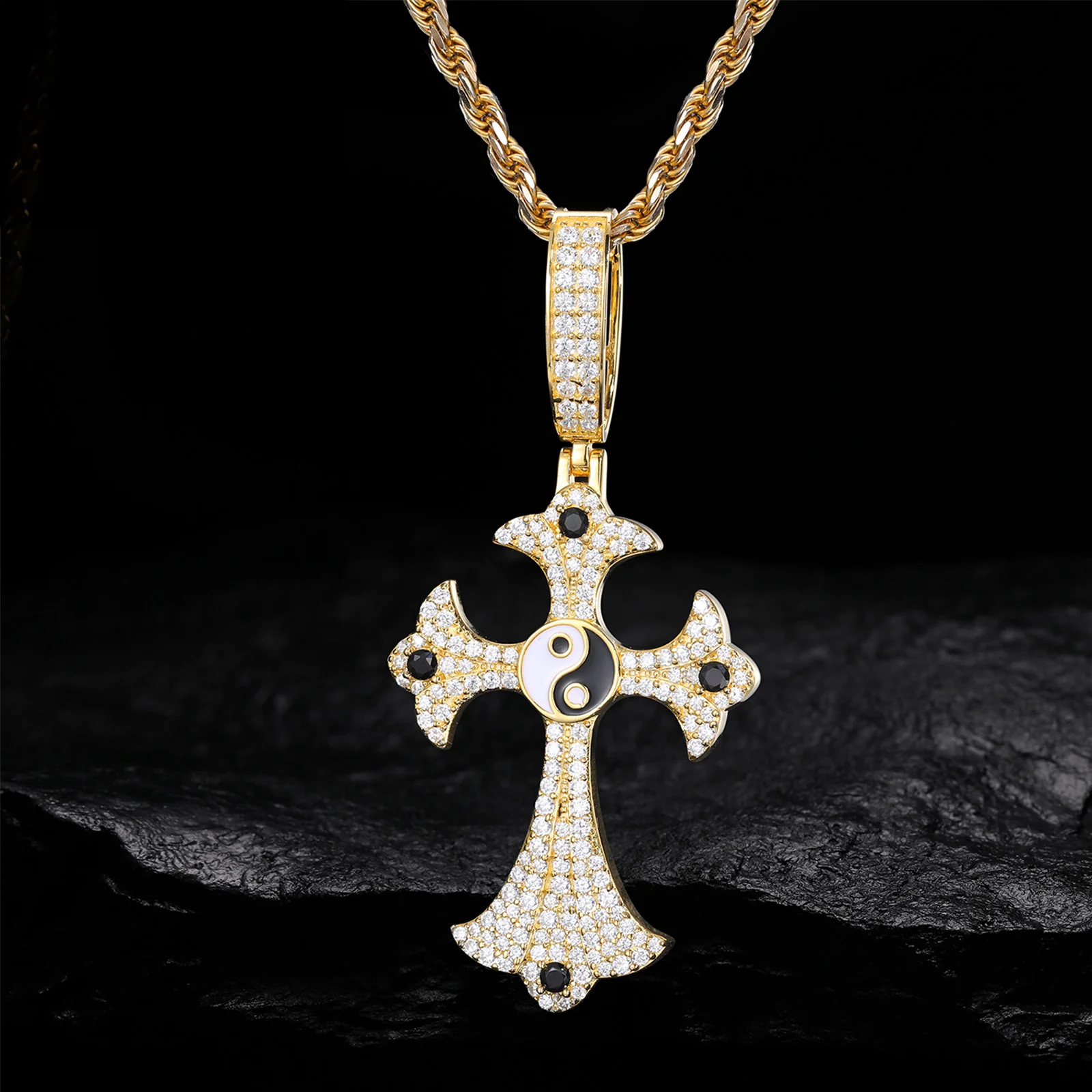 MOISSANITE DIAMOND YIN-YANG CROSS PENDANT IN STERLING SILVER
