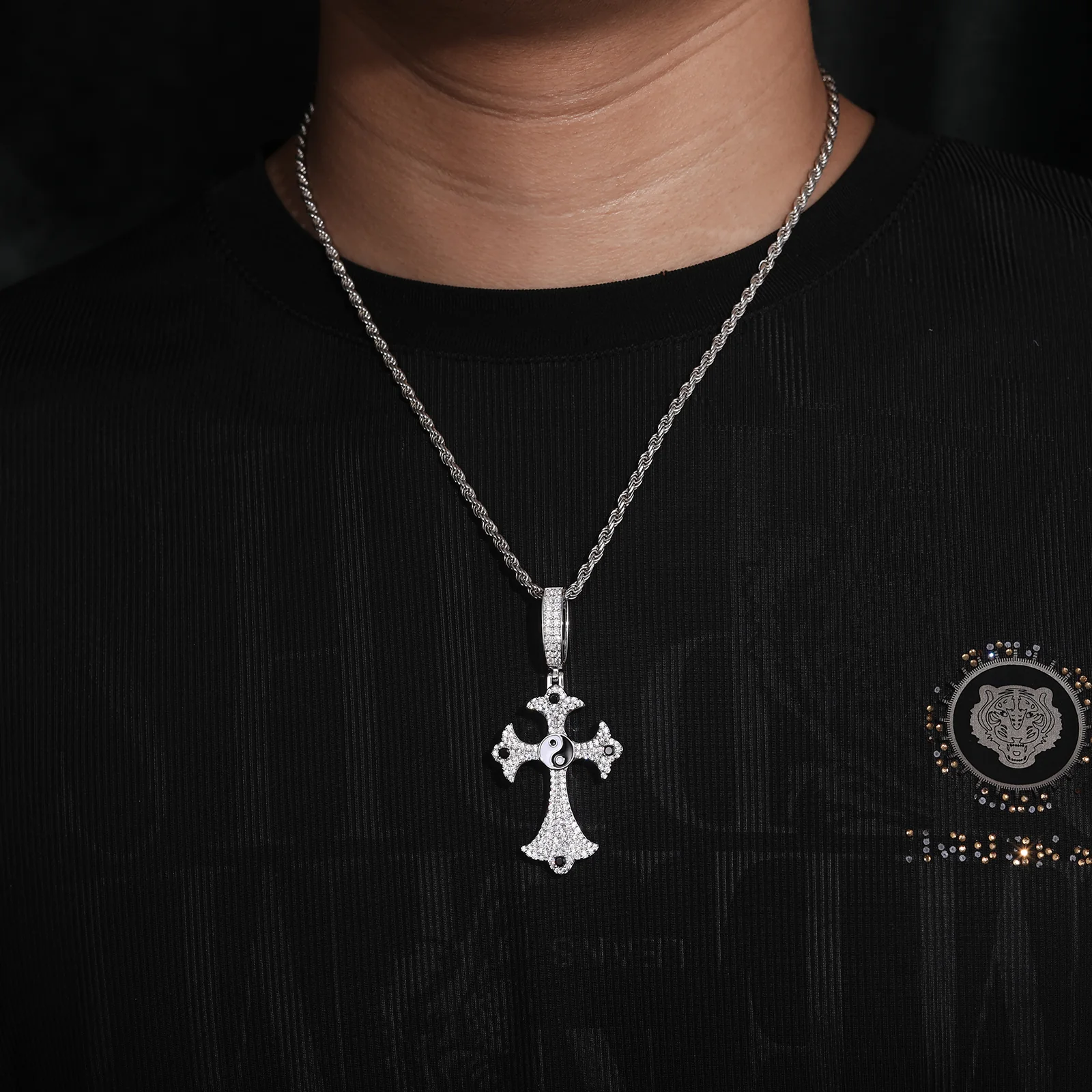 MOISSANITE DIAMOND YIN-YANG CROSS PENDANT IN STERLING SILVER - Image 3