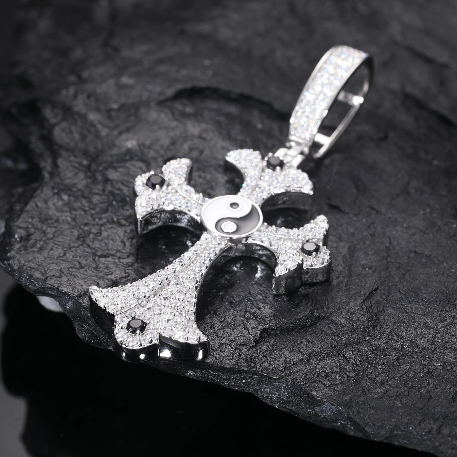 MOISSANITE DIAMOND YIN-YANG CROSS PENDANT IN STERLING SILVER - Image 4