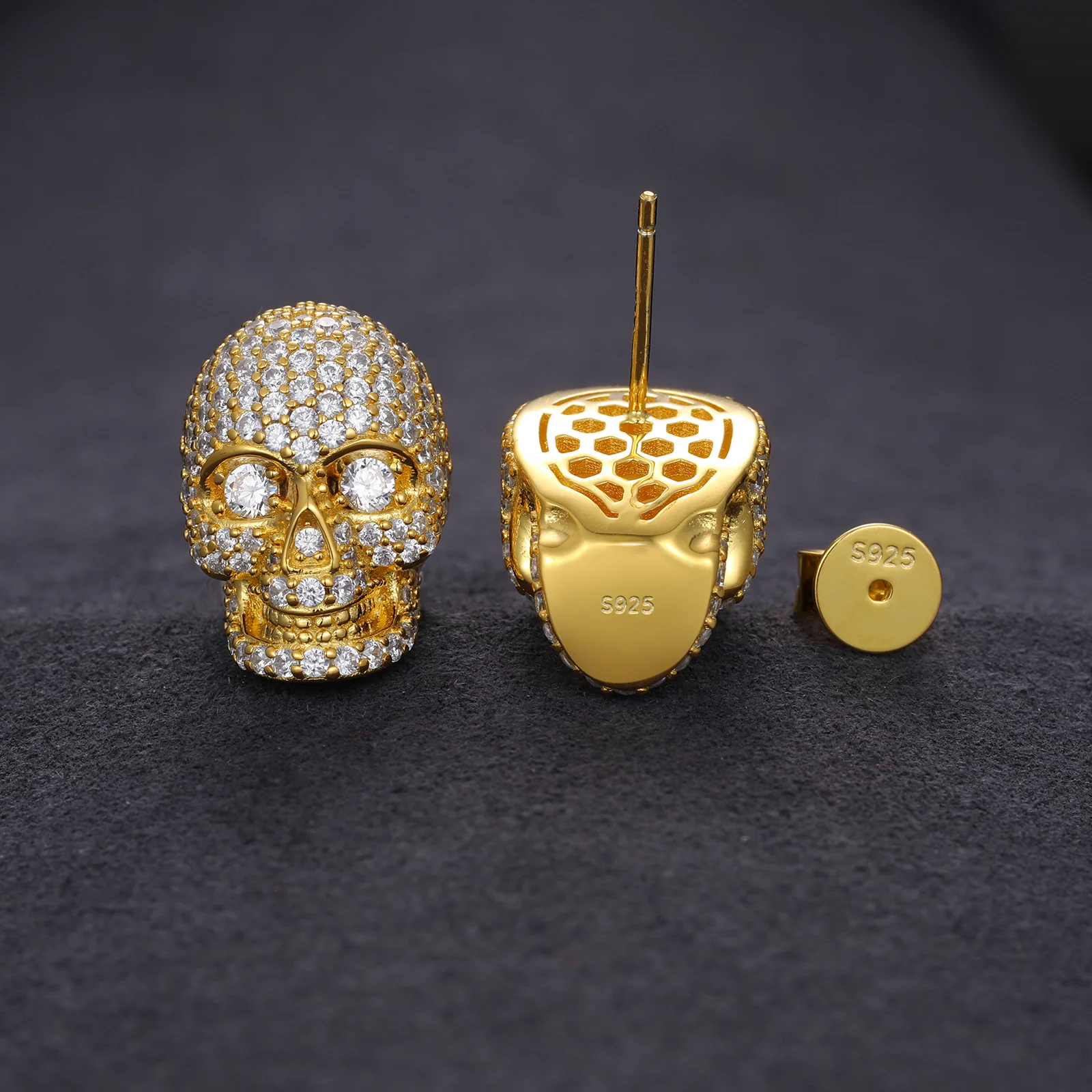 MOISSANITE DIAMONDS ICED OUT SKULL STUD EARRINGS IN STERLING SILVER - Image 3