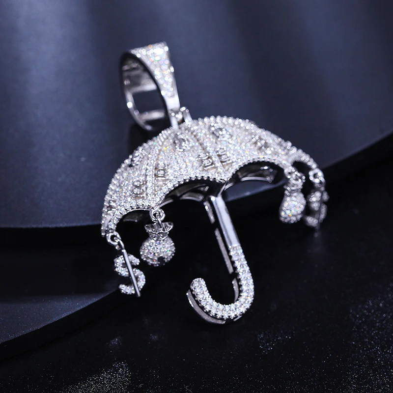 MOISSANITE DOLLAR MONEY BAG UMBRELLA PENDANT IN STERLING SILVER - Image 2