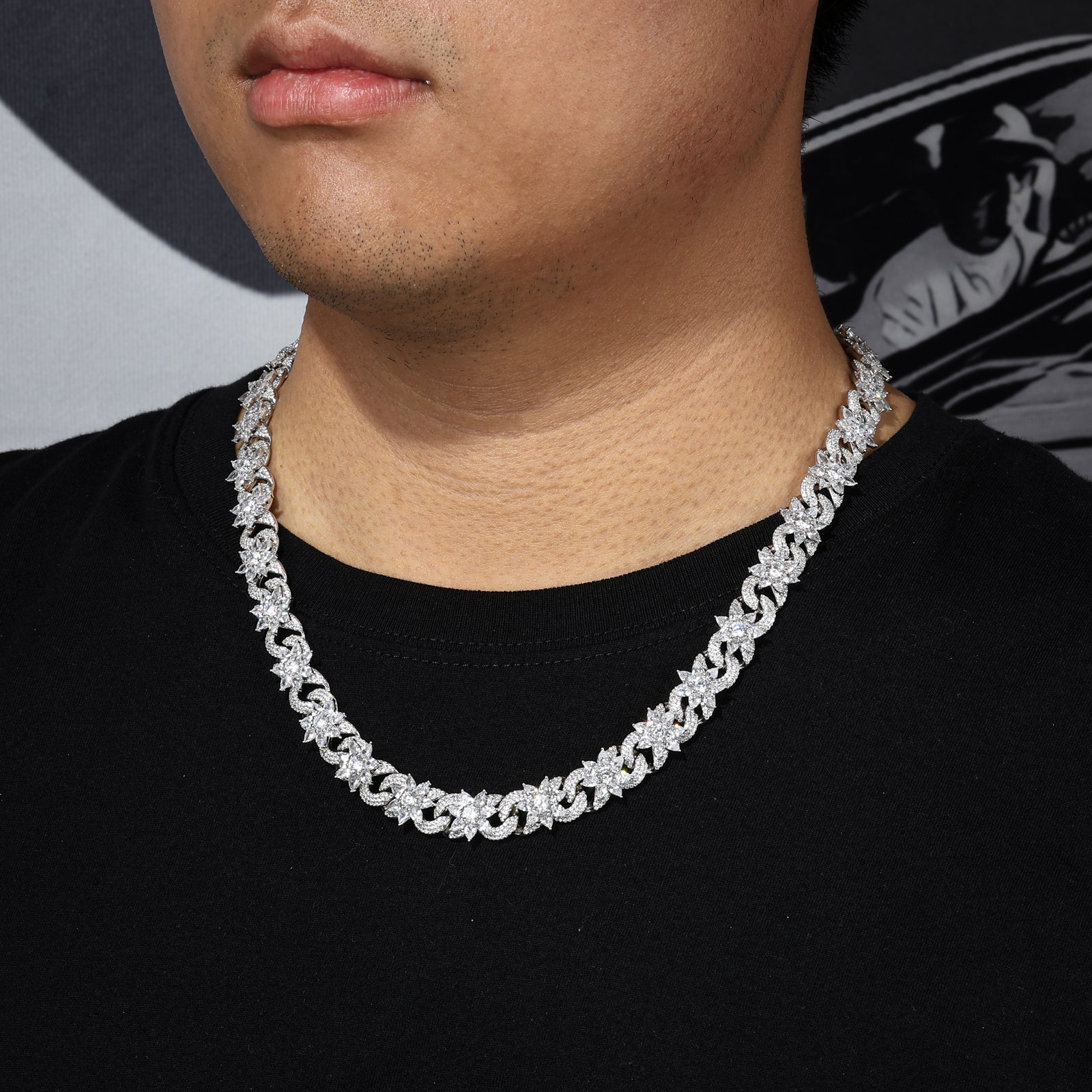 MOISSANITE FLOWER CUBAN BRACELET AND NECKLACE IN STERLING SILVER - Image 2