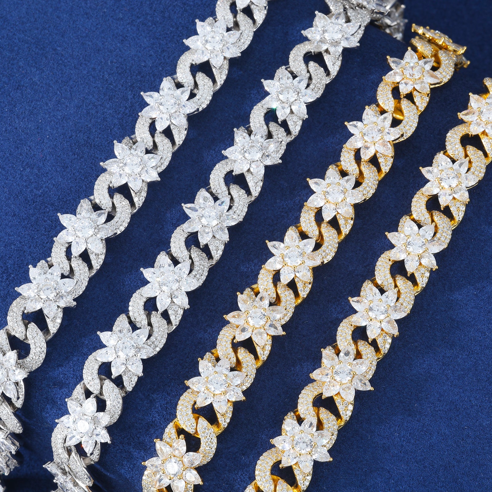 MOISSANITE FLOWER CUBAN BRACELET AND NECKLACE IN STERLING SILVER - Image 3