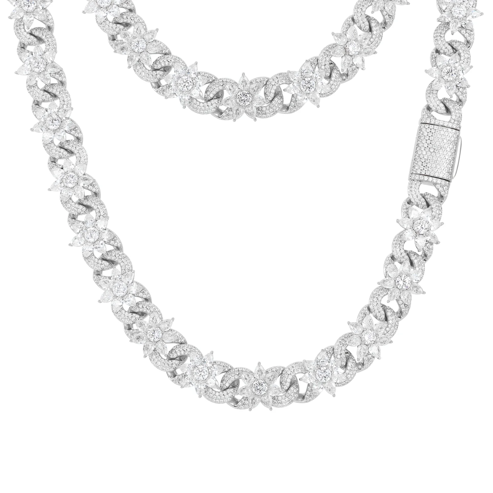 MOISSANITE FLOWER CUBAN BRACELET AND NECKLACE IN STERLING SILVER - Image 6