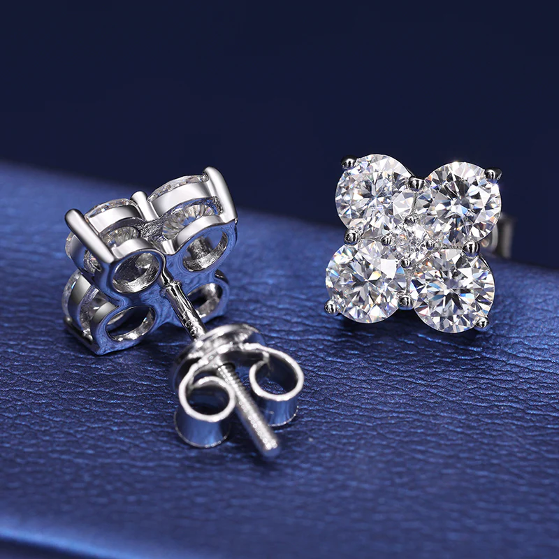 MOISSANITE FOUR LEAF CLOVER STUD EARRINGS IN STERLING SILVER - Image 2