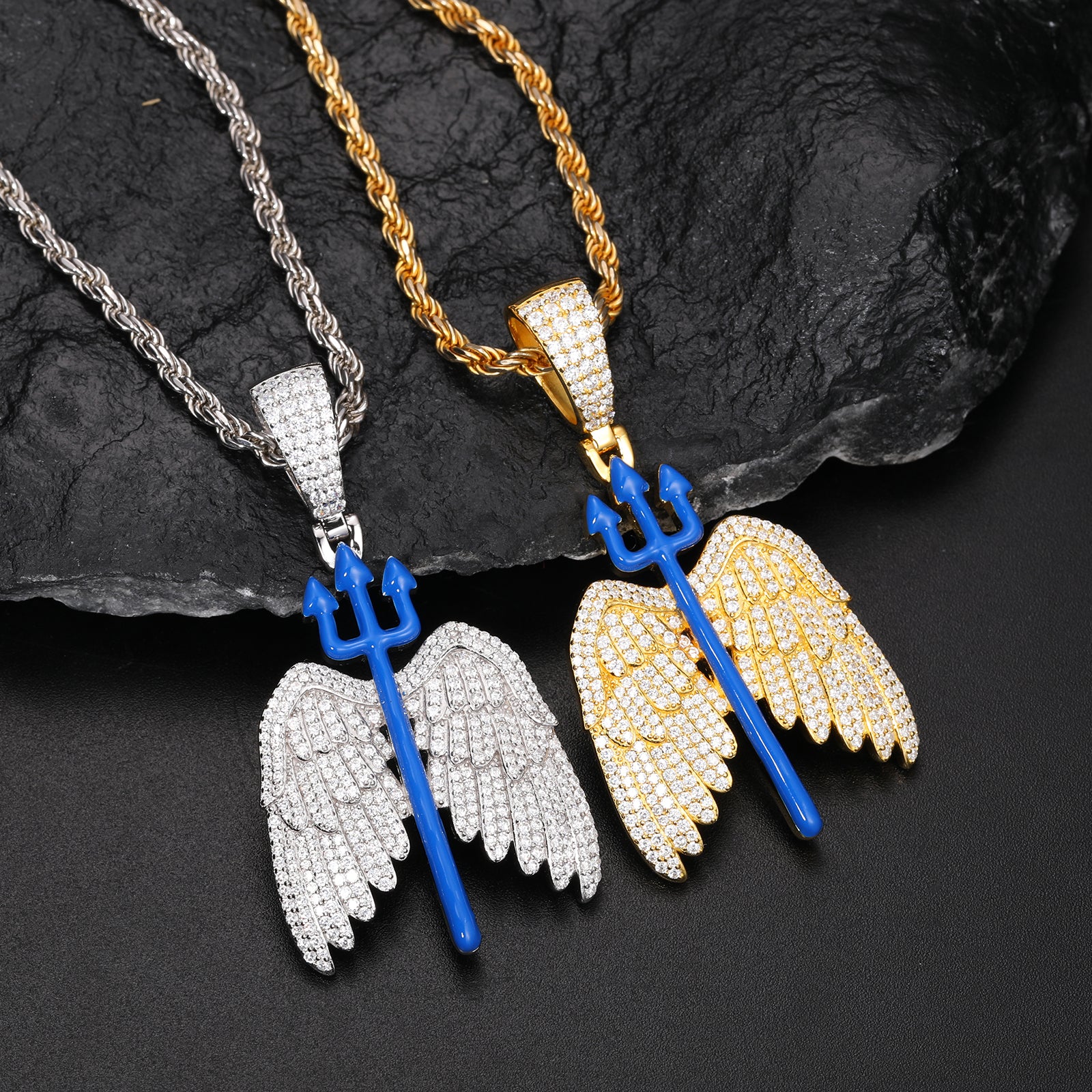 MOISSANITE GLOW IN THE DARK ENAMEL TRIDENT WING PENDANT IN STERLING SILVER - Image 3