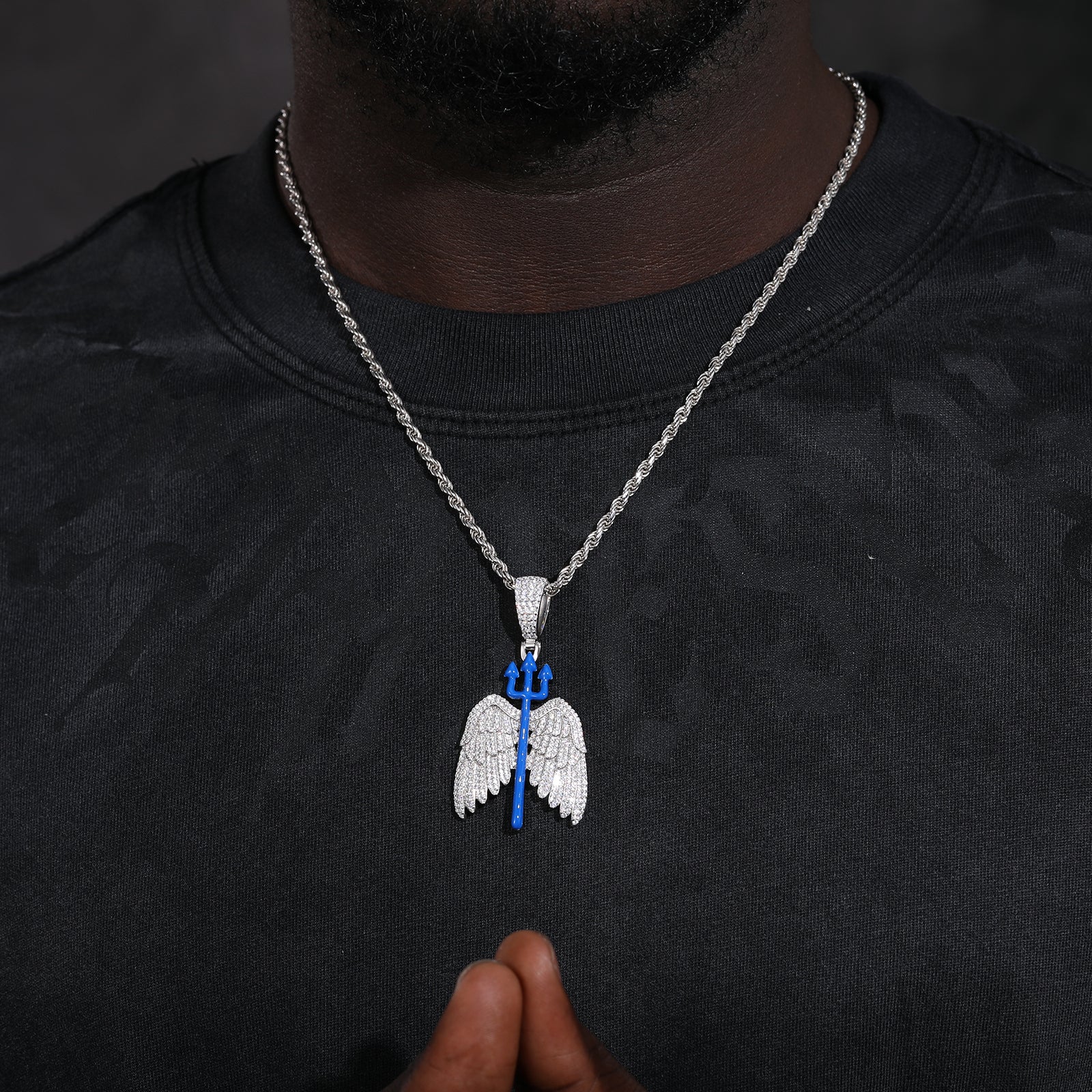 MOISSANITE GLOW IN THE DARK ENAMEL TRIDENT WING PENDANT IN STERLING SILVER - Image 4