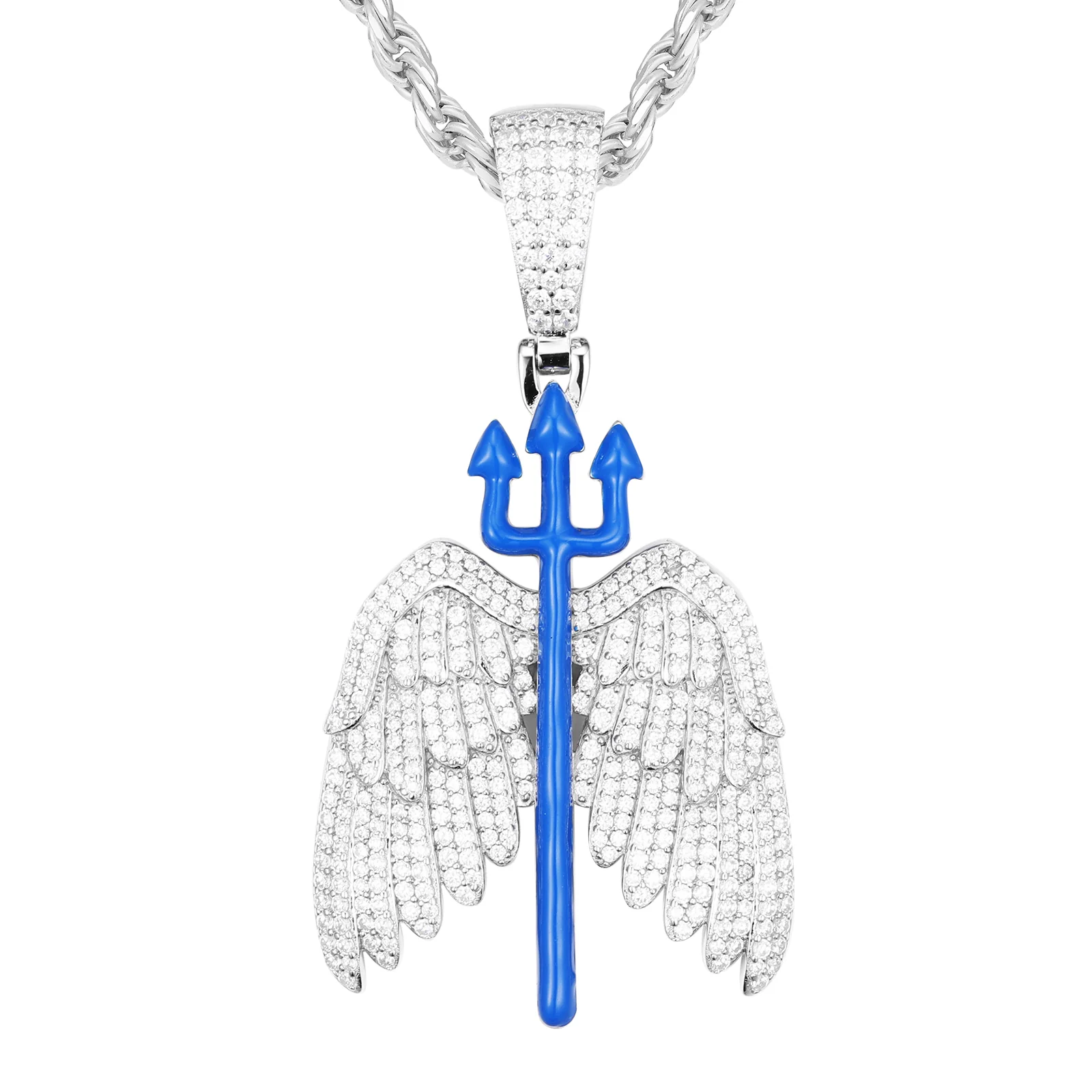MOISSANITE GLOW IN THE DARK ENAMEL TRIDENT WING PENDANT IN STERLING SILVER - Image 5
